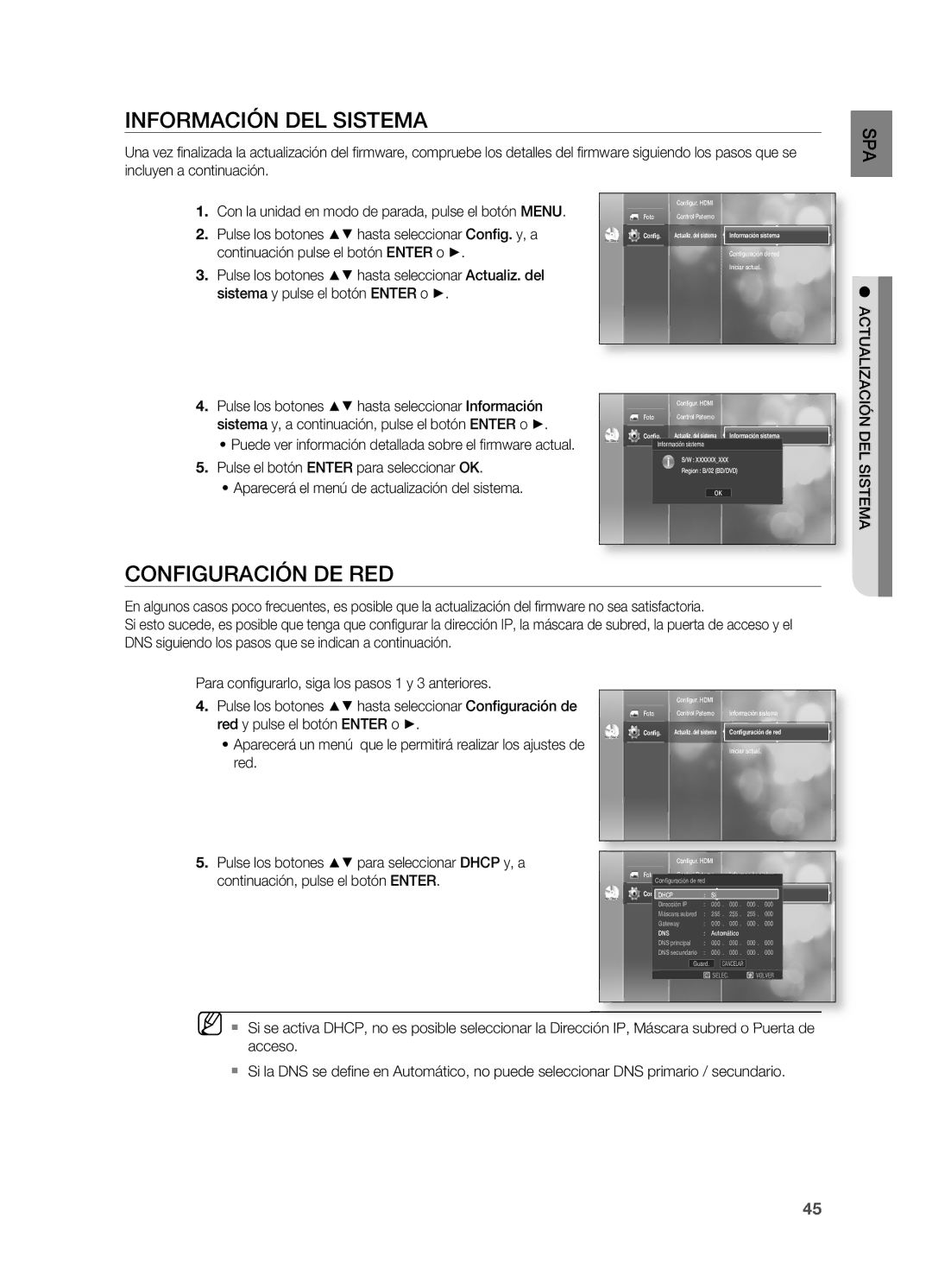 Samsung HT-BD2ER/XET manual InFORMACIÓn DEL Sistema, COnFIGURACIÓn DE RED 