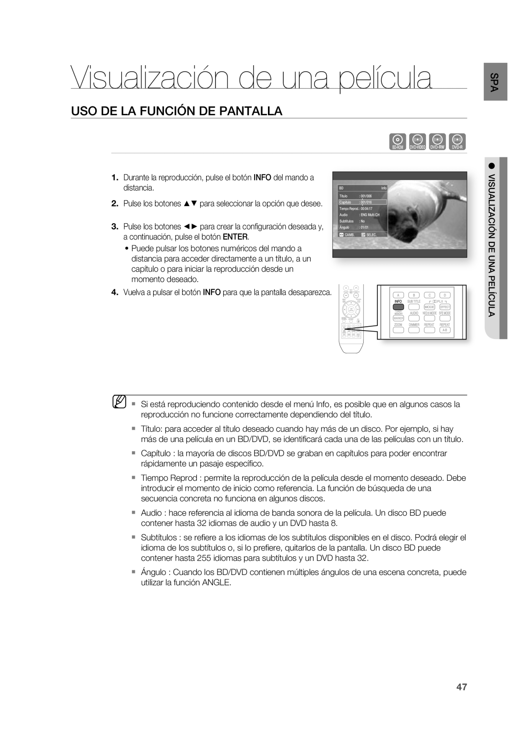 Samsung HT-BD2ER/XET manual Visualización de una película, USO DE LA FUnCIÓn DE PAnTALLA 