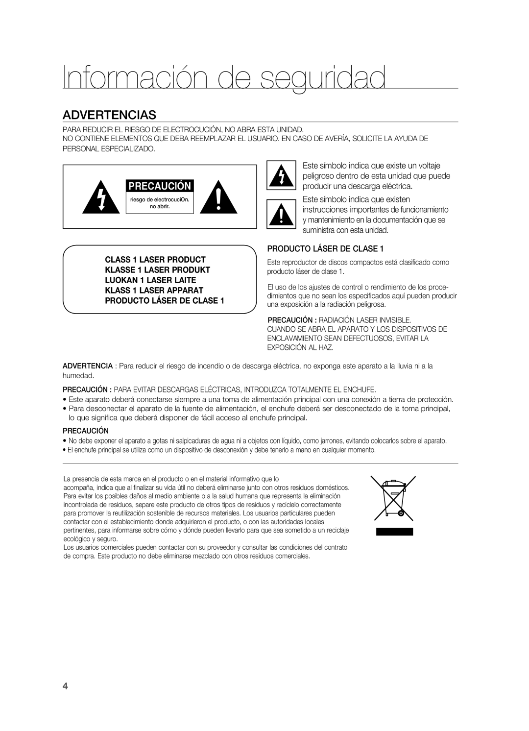 Samsung HT-BD2ER/XET manual Información de seguridad, Advertencias, Producto Láser DE Clase 