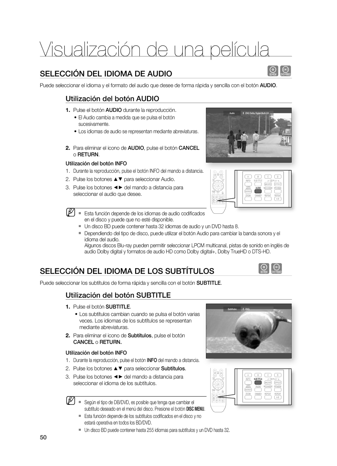 Samsung HT-BD2ER/XET SELECCIÓn DEL Idioma DE Audio, SELECCIÓn DEL Idioma DE LOS Subtítulos, Utilización del botón Audio 