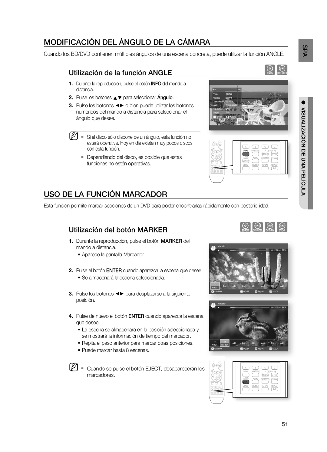 Samsung HT-BD2ER/XET MODIFICACIÓn DEL ÁnGULO DE LA Cámara, USO DE LA FUnCIÓn Marcador, Utilización de la función AnGLE 