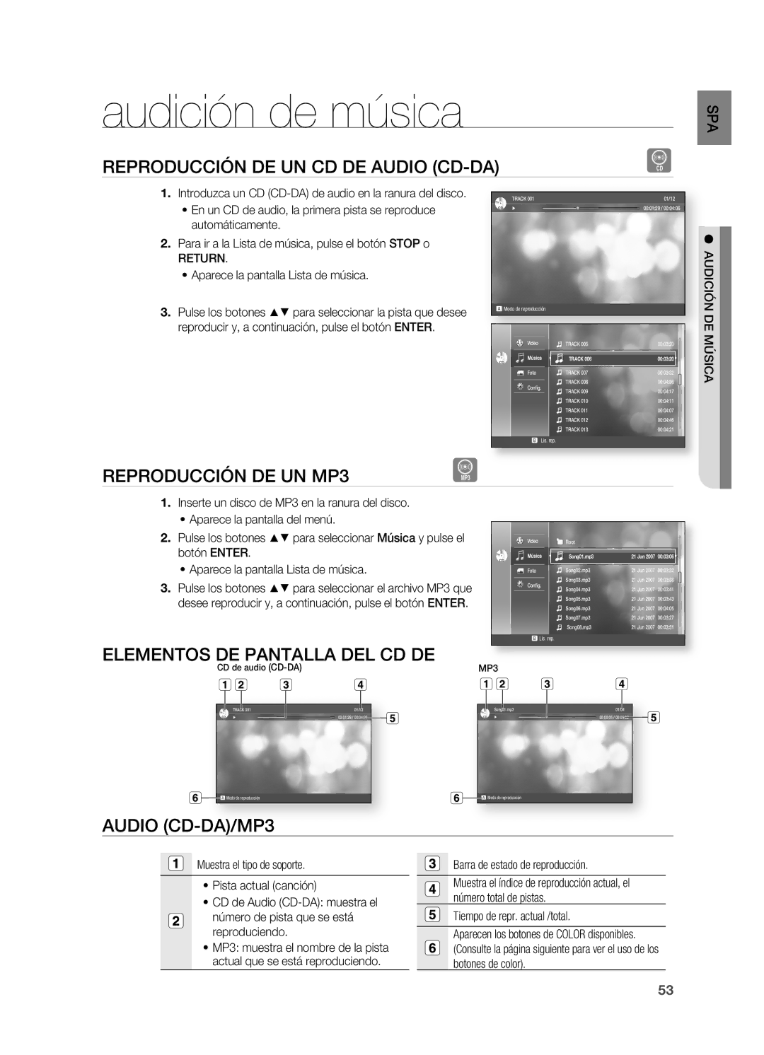 Samsung HT-BD2ER/XET manual Audición de música, REPRODUCCIÓn DE Un CD DE Audio CD-DA, REPRODUCCIÓn DE Un MP3 