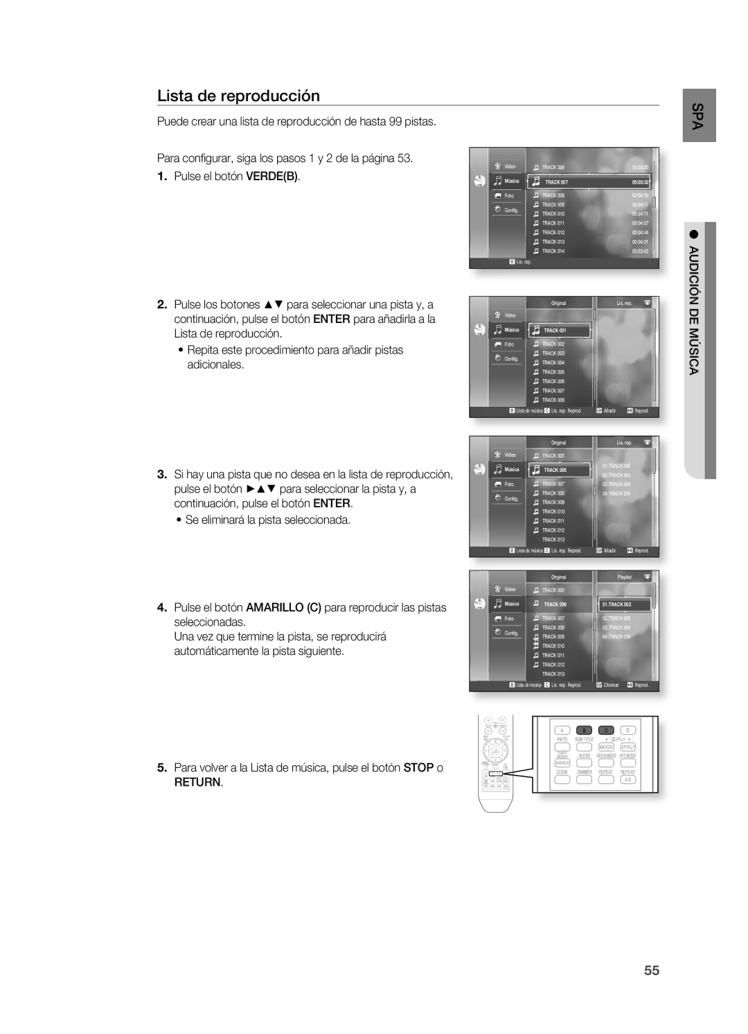 Samsung HT-BD2ER/XET Lista de reproducción, Adicionales, DE MúSICA, Pulse el botón +$% para seleccionar la pista y, a 