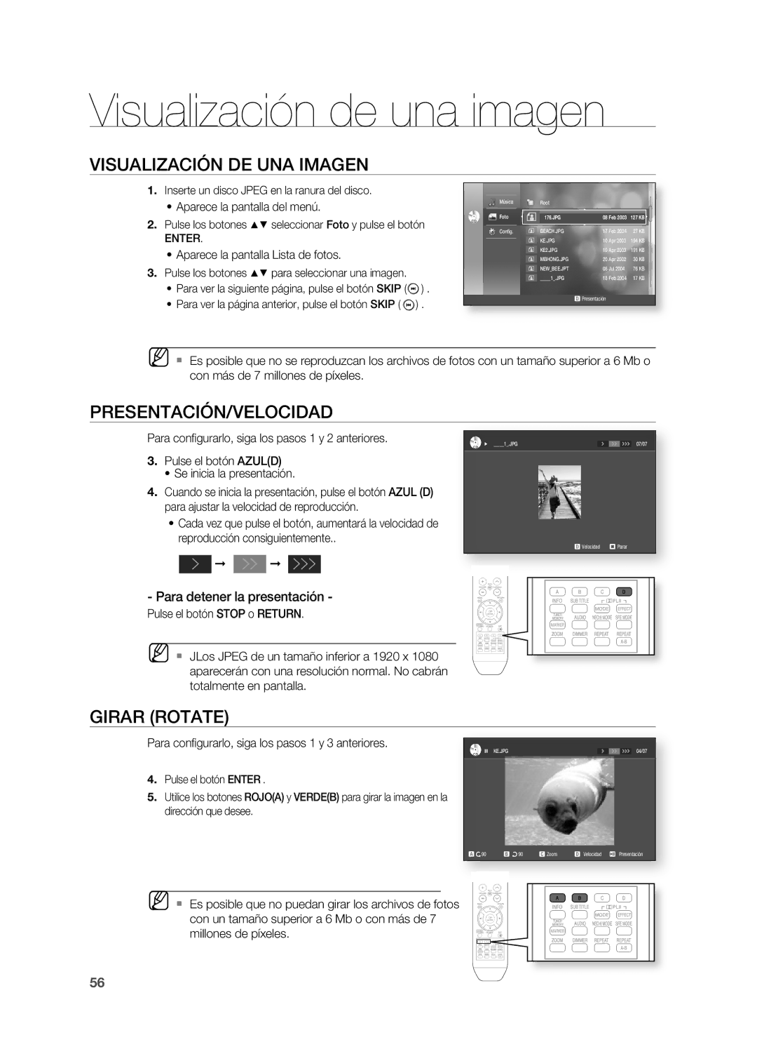 Samsung HT-BD2ER/XET manual Visualización de una imagen, VISUALIzACIÓn DE UnA IMAGEn, PRESEnTACIÓn/vELOCIDAD, Girar Rotate 