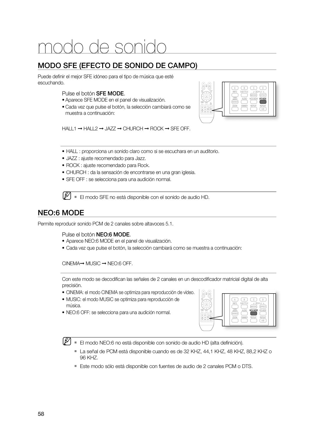 Samsung HT-BD2ER/XET manual Modo de sonido, Modo SFE Efecto DE SOnIDO DE Campo, NEO6 Mode, Pulse el botón SFE Mode 