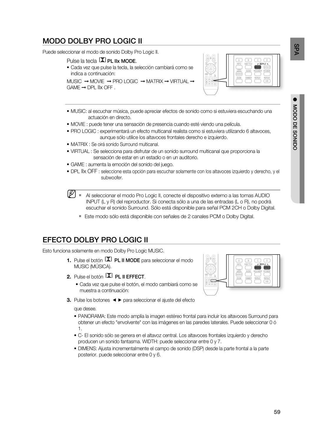 Samsung HT-BD2ER/XET manual Modo Dolby PRO Logic, Efecto Dolby PRO Logic, Pulse la tecla PL IIx Mode, Modo DE SOnIDO 