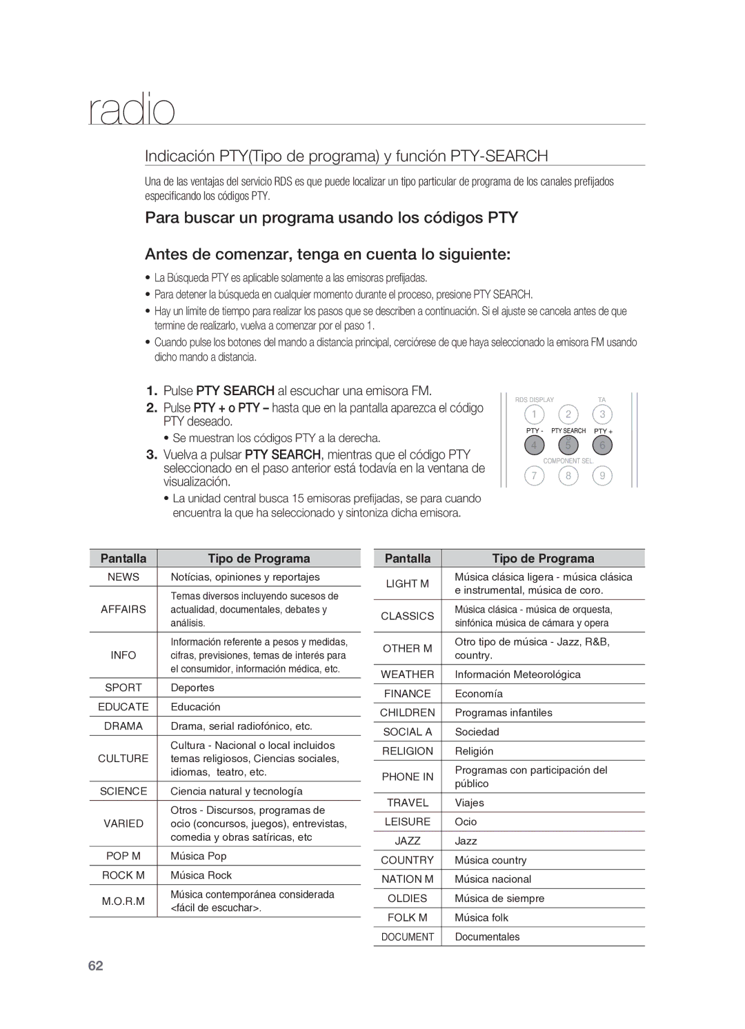 Samsung HT-BD2ER/XET manual Indicación PTYTipo de programa y función PTY-SEARCH, Se muestran los códigos PTY a la derecha 