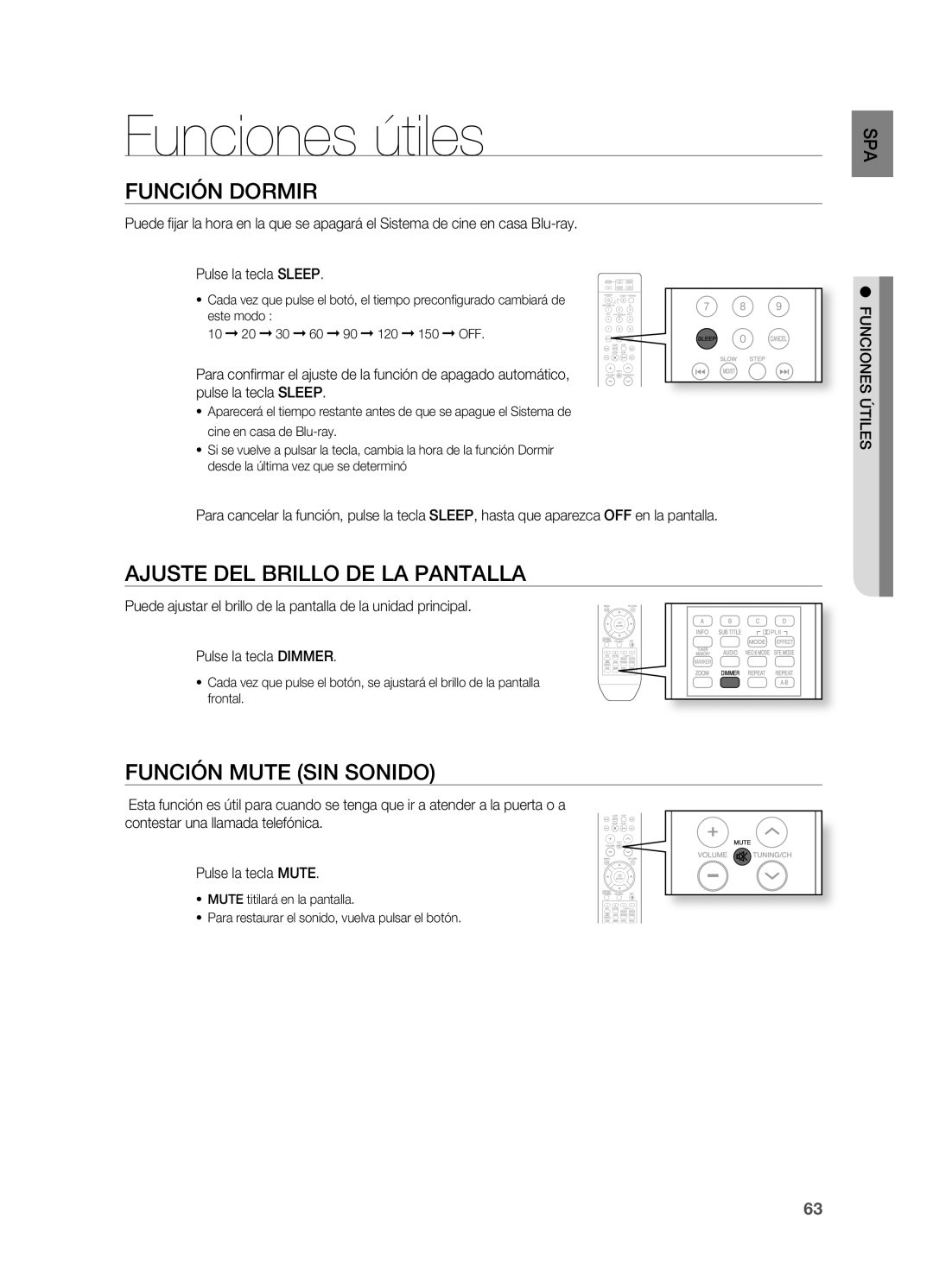 Samsung HT-BD2ER/XET manual Funciones útiles, FUnCIÓn Dormir, Ajuste DEL Brillo DE LA PAnTALLA, FUnCIÓn Mute SIn SOnIDO 