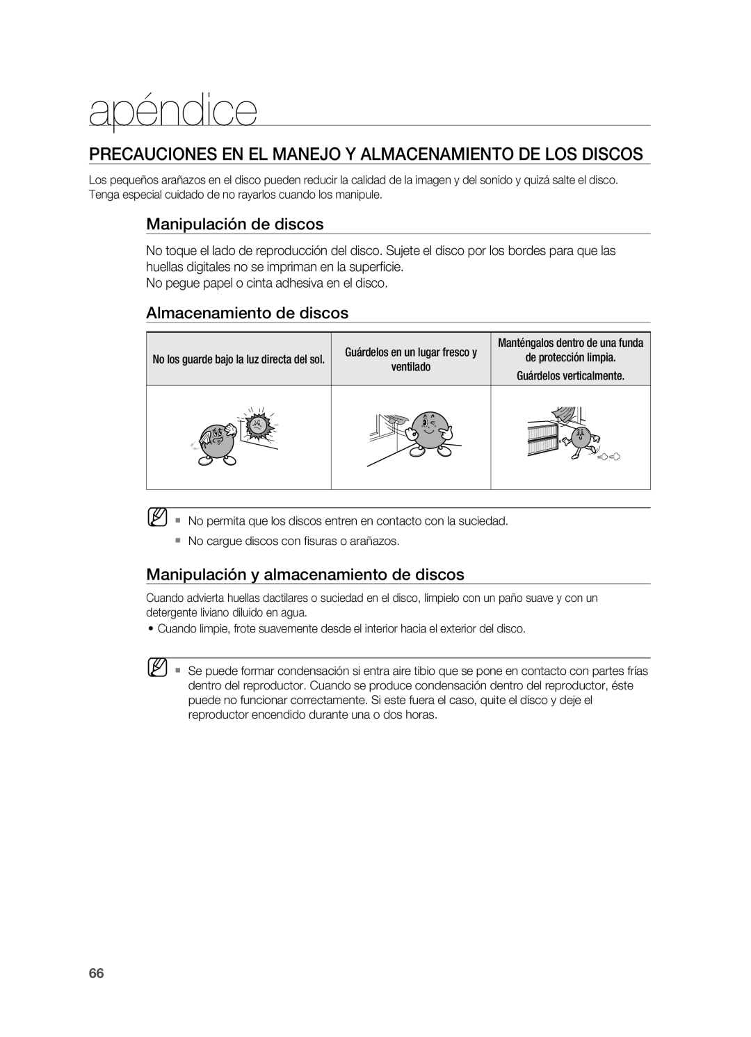 Samsung HT-BD2ER/XET manual Apéndice, Precauciones en el manejo y almacenamiento de los discos, Manipulación de discos 