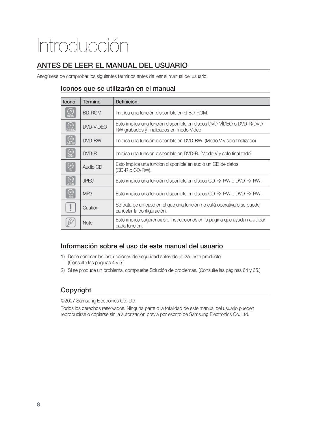 Samsung HT-BD2ER/XET Introducción, Antes de leer el Manual del usuario, Iconos que se utilizarán en el manual, Copyright 