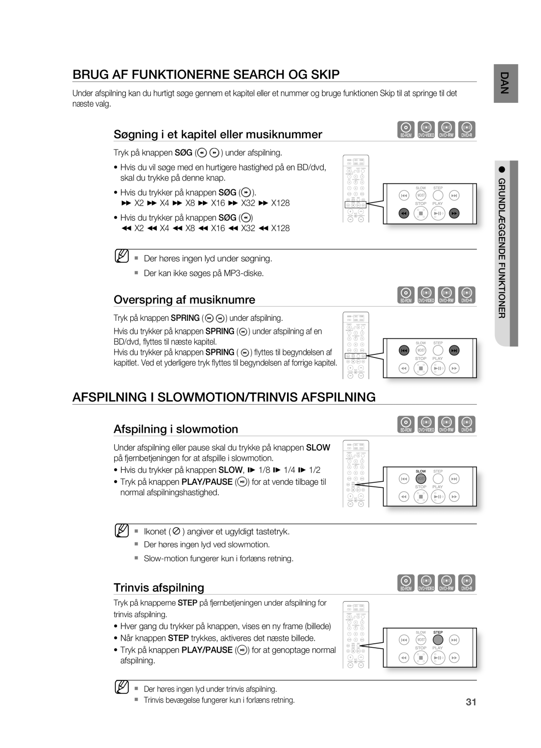 Samsung HT-BD2R/XEE manual Brug AF Funktionerne Search OG Skip, Afspilning I SLOWMOTION/TRINVIS Afspilning 