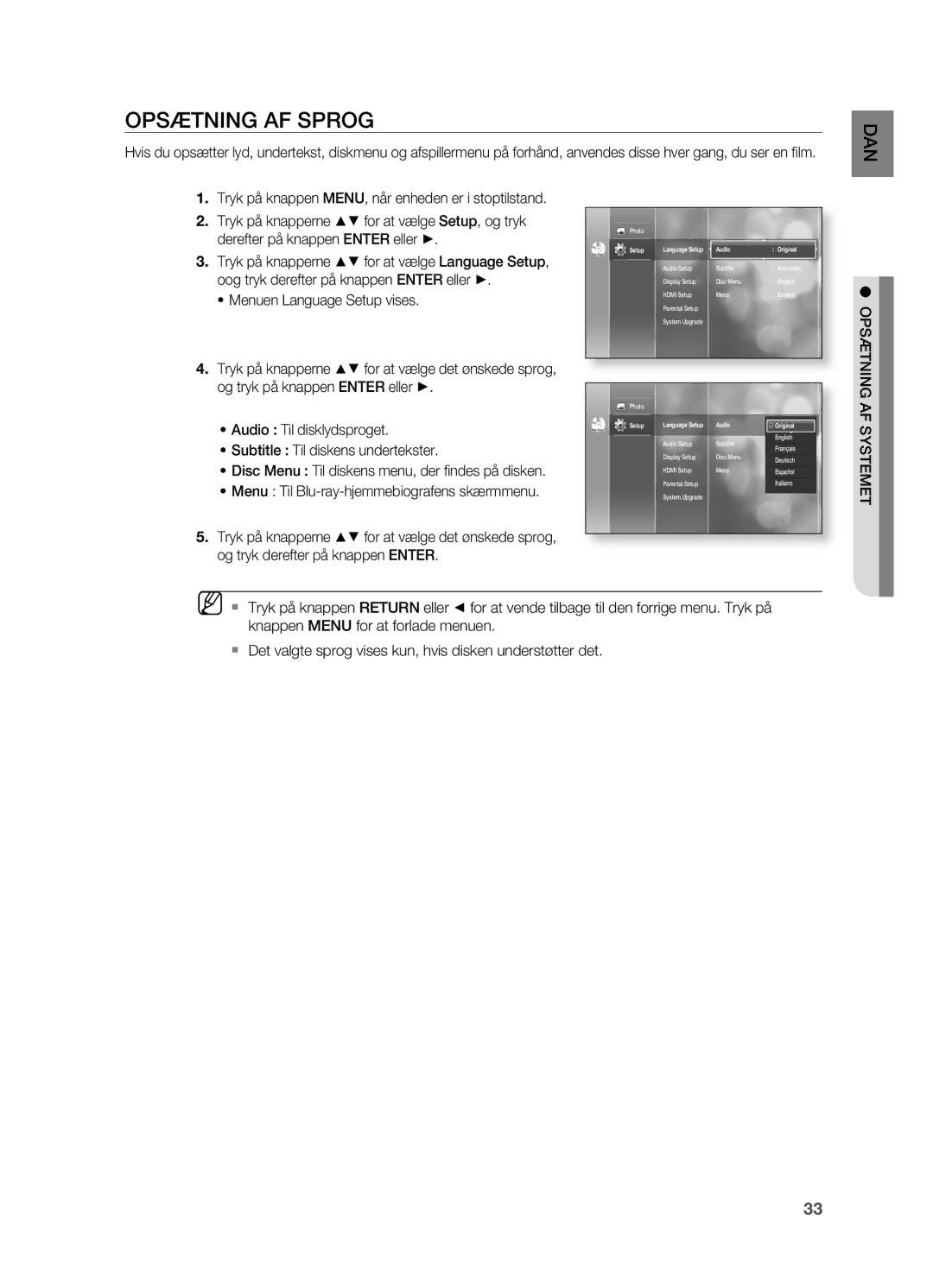 Samsung HT-BD2R/XEE manual OPSæTNING AF Sprog, Setup, Audio Original 