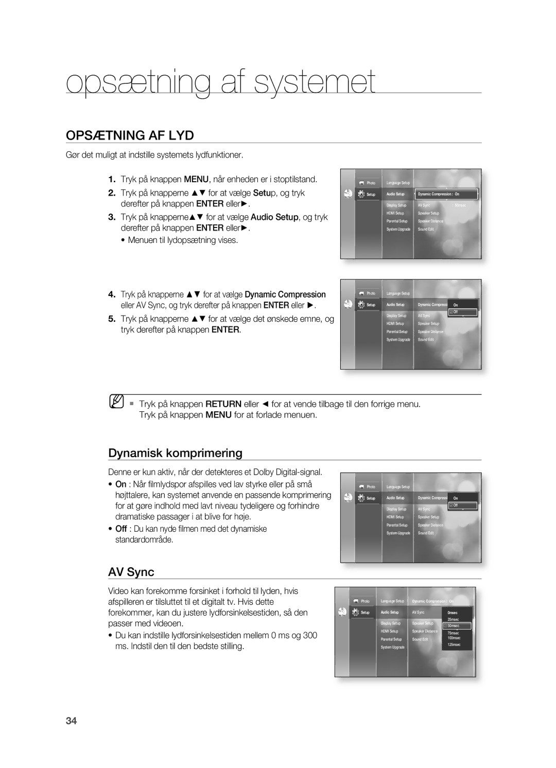 Samsung HT-BD2R/XEE manual OPSæTNING AF LYD, Dynamisk komprimering, AV Sync 