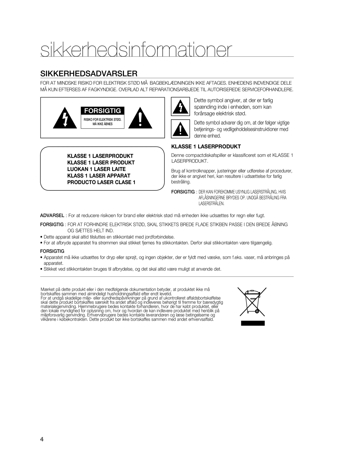 Samsung HT-BD2R/XEE manual Sikkerhedsinformationer, Sikkerhedsadvarsler 