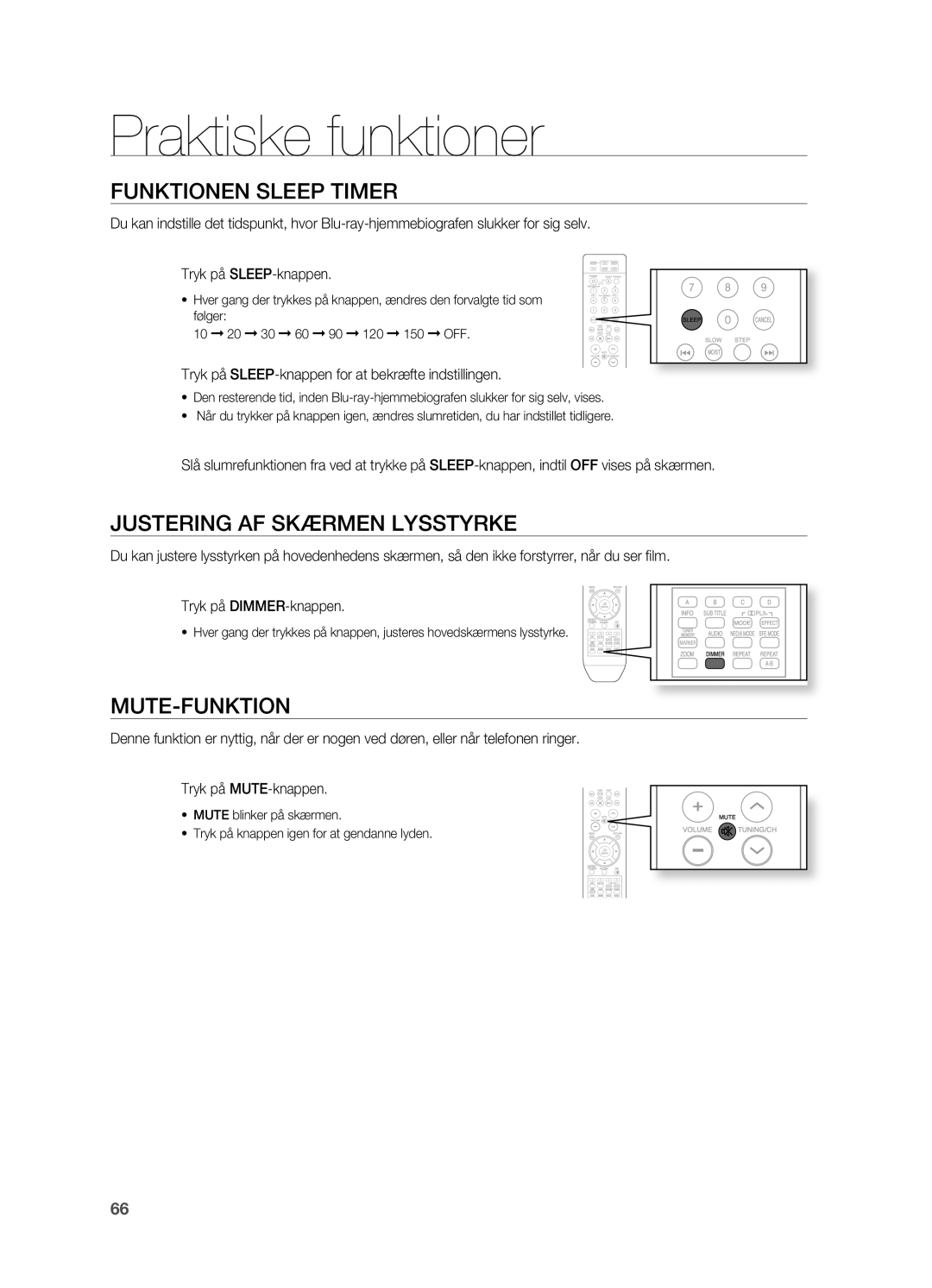 Samsung HT-BD2R/XEE manual Praktiske funktioner, Funktionen Sleep Timer, JUSTERING AF SKæRMEN Lysstyrke, Mute-Funktion 