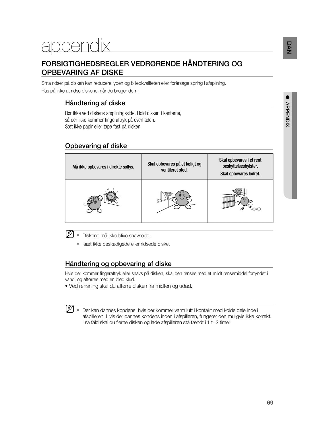 Samsung HT-BD2R/XEE manual Appendix, Håndtering af diske, Opbevaring af diske, Håndtering og opbevaring af diske 