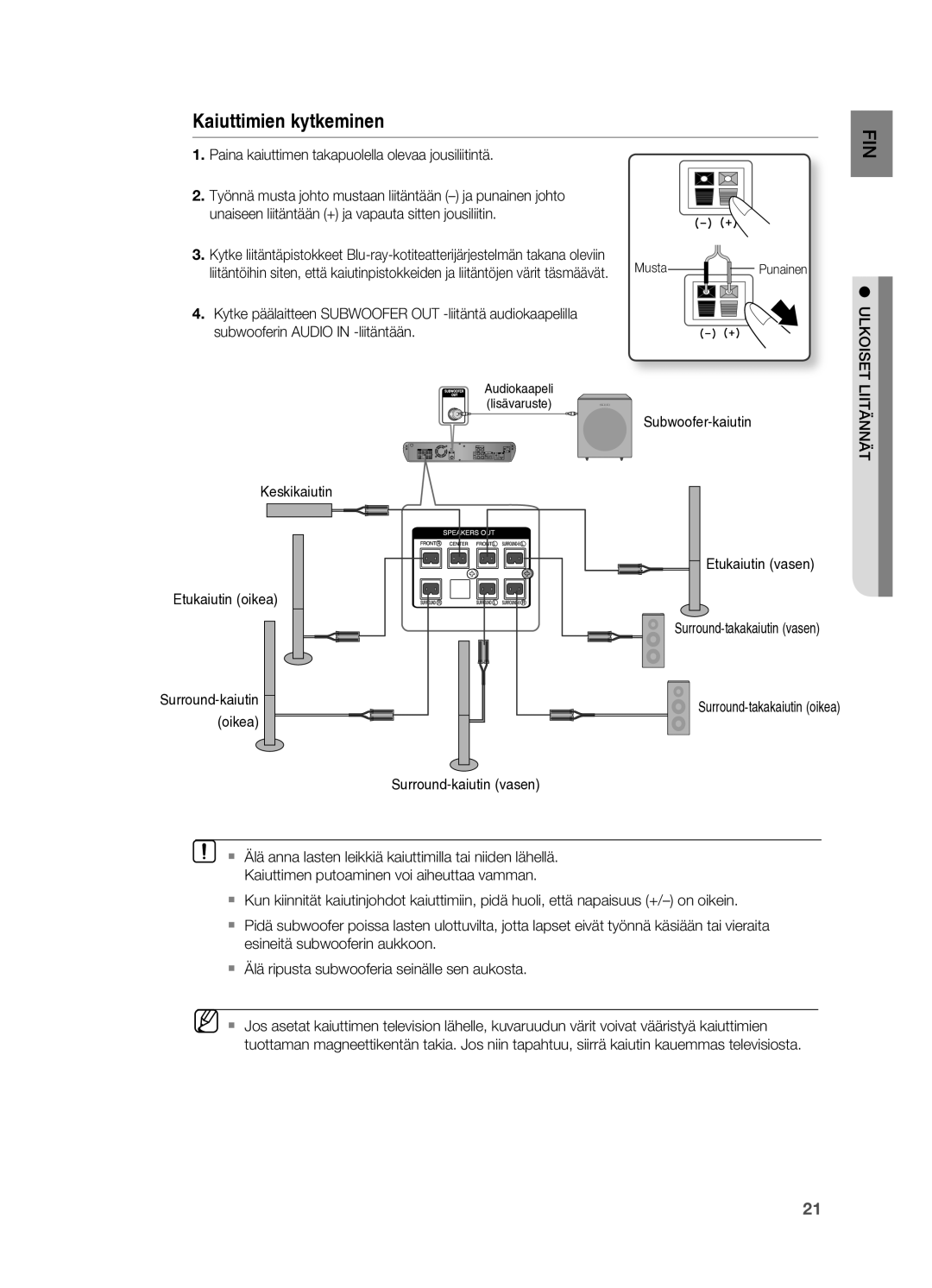 Samsung HT-BD2R/XEE manual Paina kaiuttimen takapuolella olevaa jousiliitintä, Ulkoiset, Liitännät 