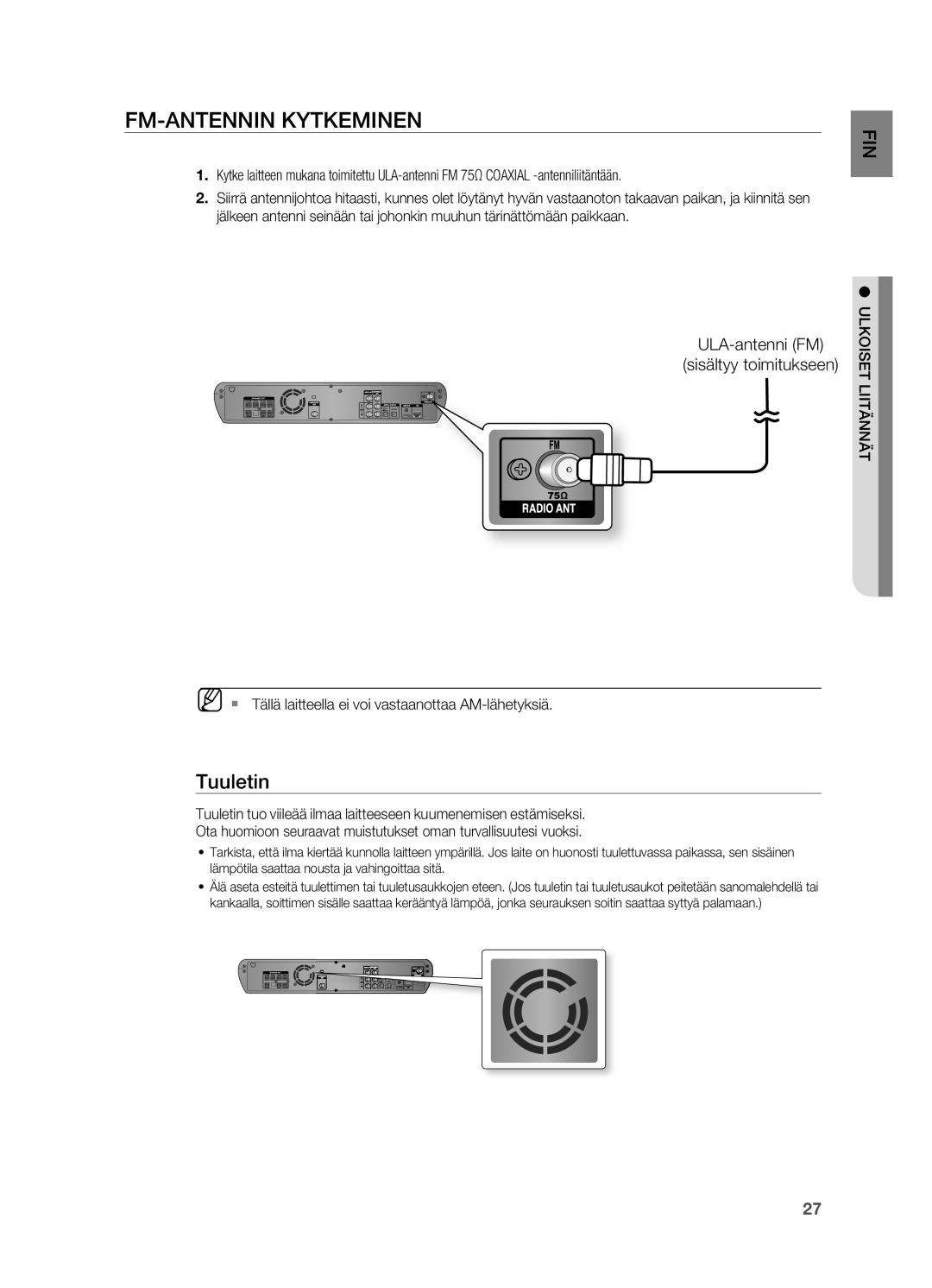 Samsung HT-BD2R/XEE manual FM-antennin kytkeminen, Tuuletin, ULA-antenni FM Sisältyy toimitukseen 