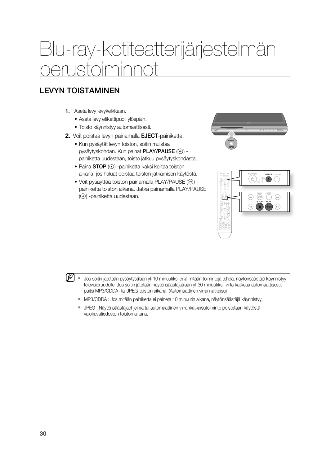 Samsung HT-BD2R/XEE manual Levyn Toistaminen, . Voit poistaa levyn painamalla EJECT-painiketta 