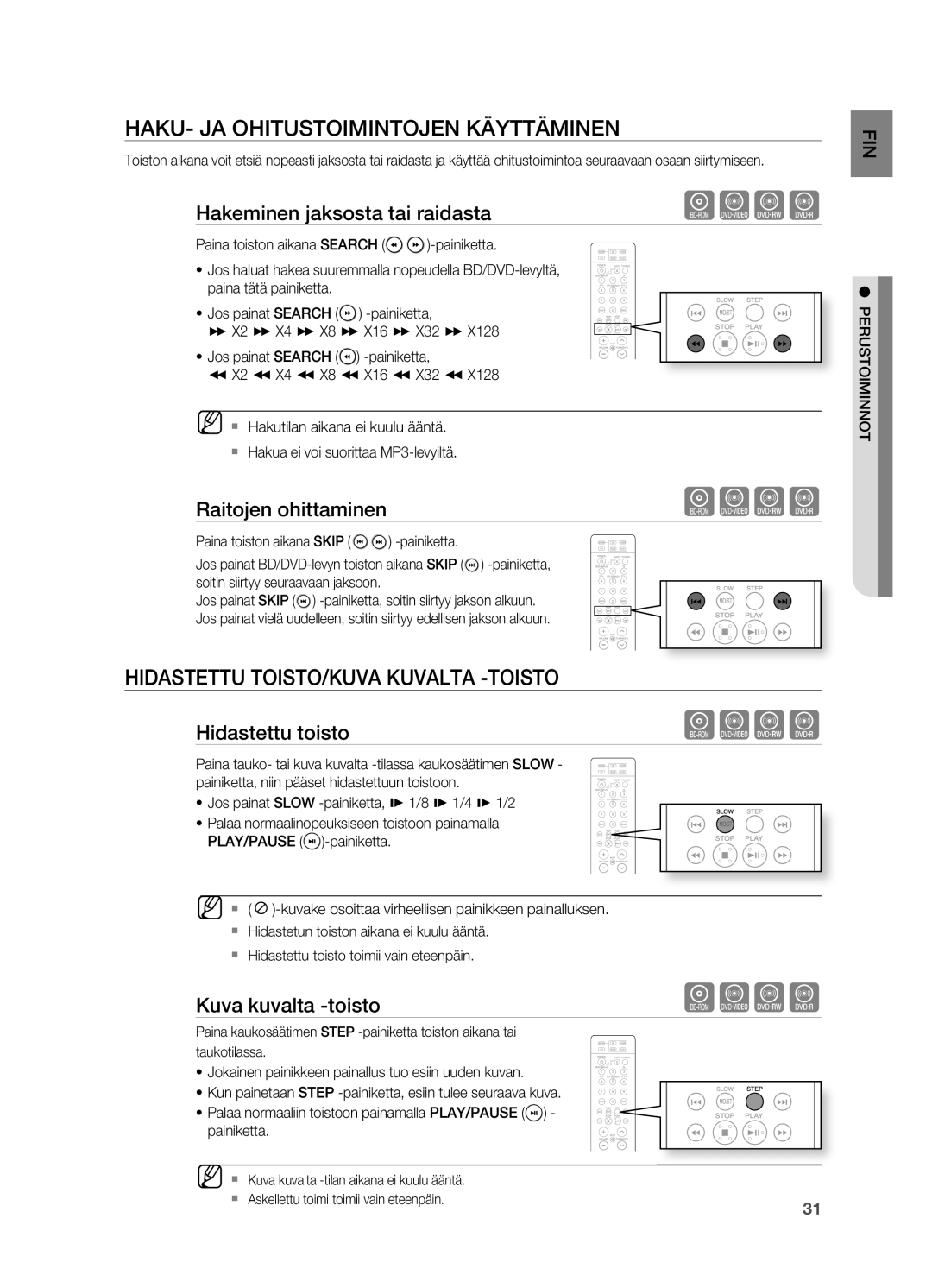 Samsung HT-BD2R/XEE manual HAKU- JA Ohitustoimintojen Käyttäminen, Hidastettu TOISTO/KUVA Kuvalta -TOISTO 