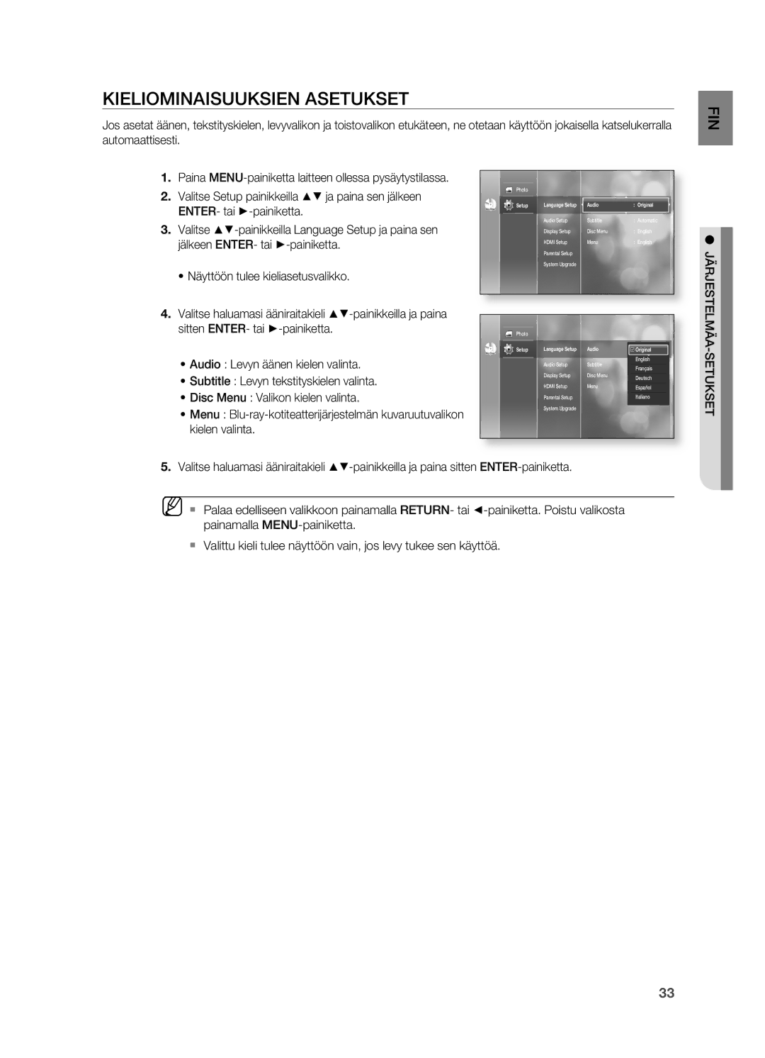 Samsung HT-BD2R/XEE manual Kieliominaisuuksien Asetukset, Järjestelmäa-Setukset, Setup, Audio Original 