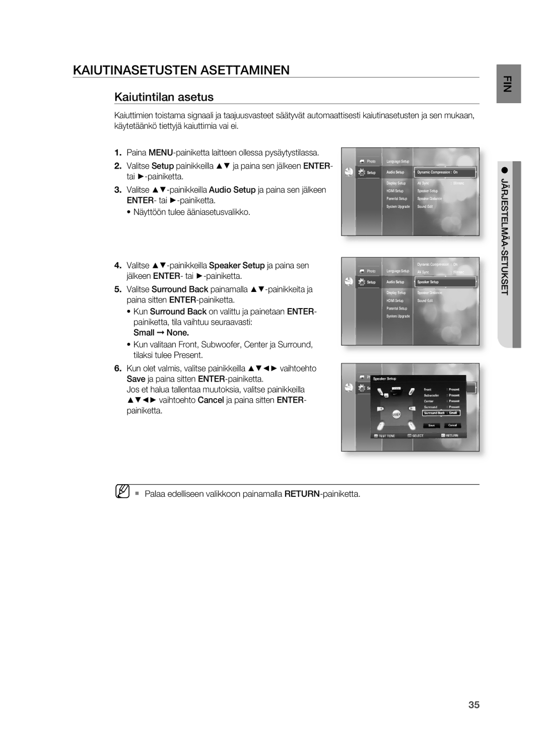 Samsung HT-BD2R/XEE manual Kaiutinasetusten Asettaminen, Kaiutintilan asetus, Photo, Speaker Setup 