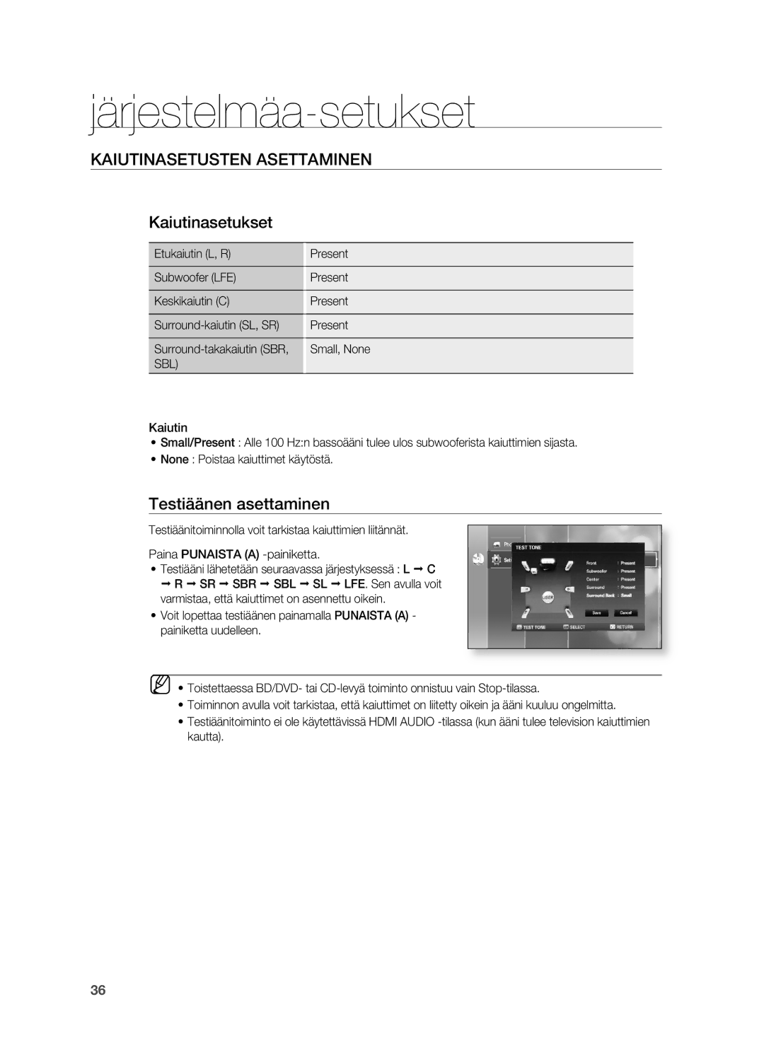 Samsung HT-BD2R/XEE manual Kaiutinasetukset, Testiäänen asettaminen, Sbl 