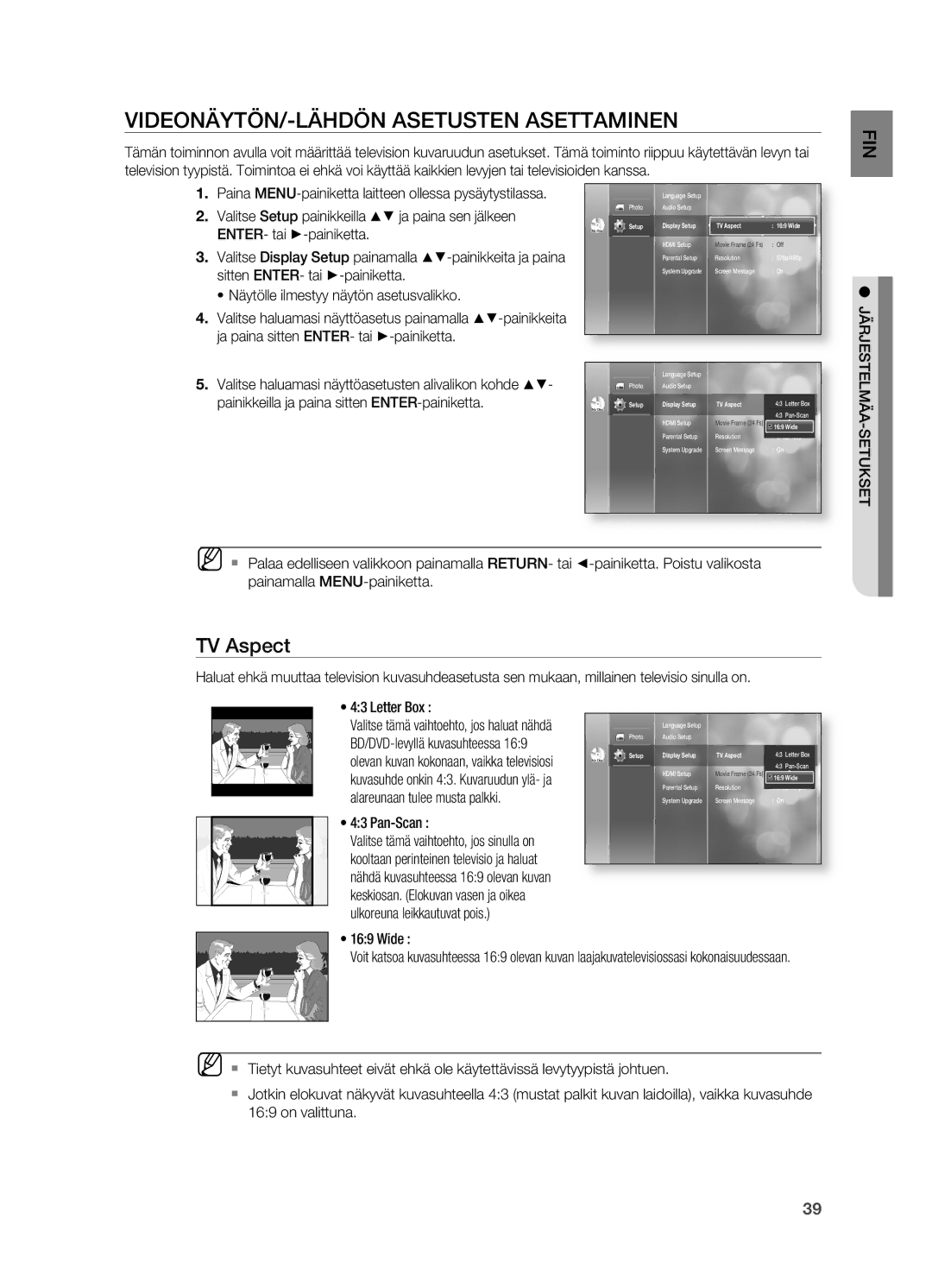 Samsung HT-BD2R/XEE VIDEONÄYTÖN/-LÄHDÖN Asetusten Asettaminen, TV Aspect, Alareunaan tulee musta palkki, Pan-Scan, Wide 