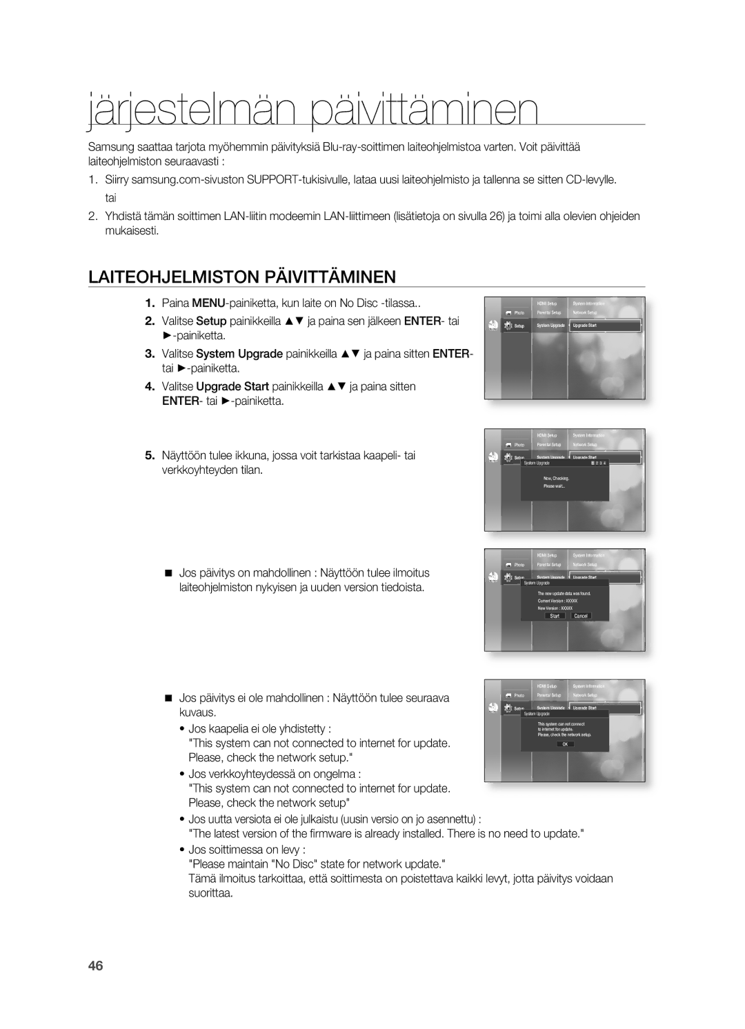 Samsung HT-BD2R/XEE manual Järjestelmän päivittäminen, Laiteohjelmiston Päivittäminen, Upgrade Start 