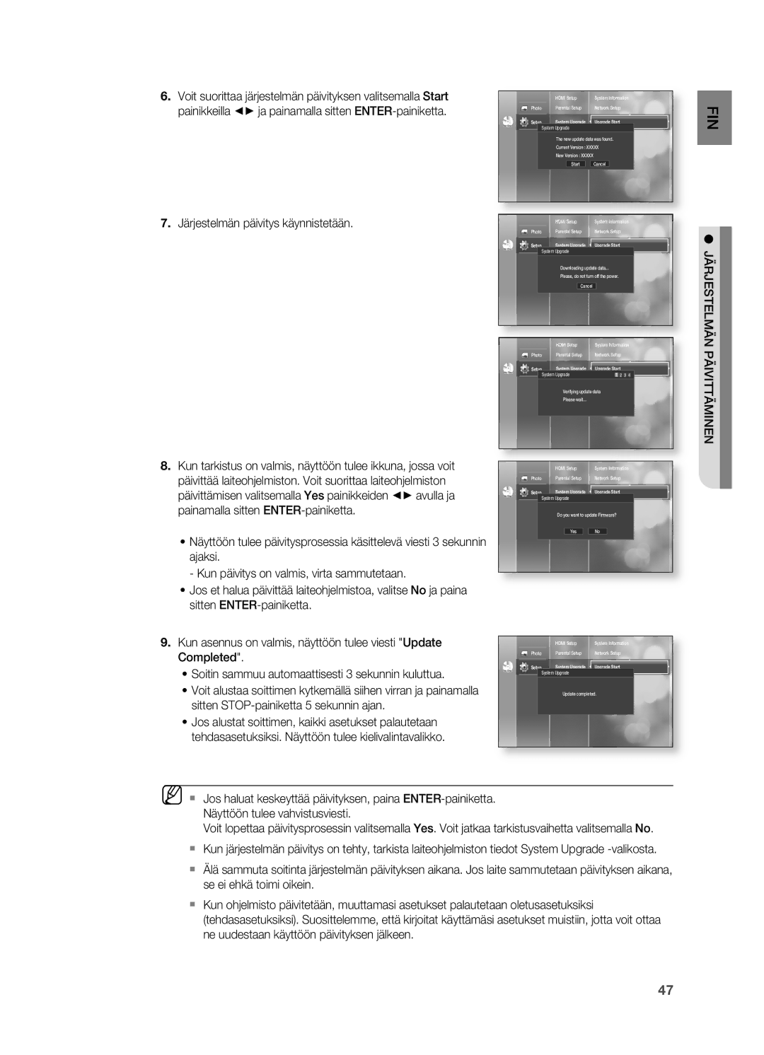 Samsung HT-BD2R/XEE manual . Järjestelmän päivitys käynnistetään, Järjestelmän Päivittäminen 