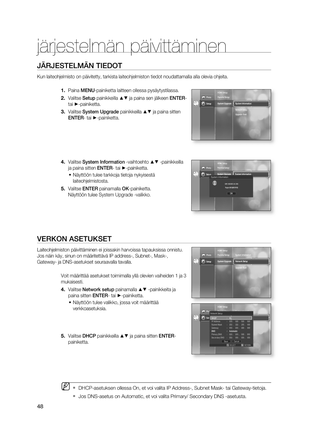 Samsung HT-BD2R/XEE manual Järjestelmän Tiedot, Verkon Asetukset, Tai +-painiketta, System Information 