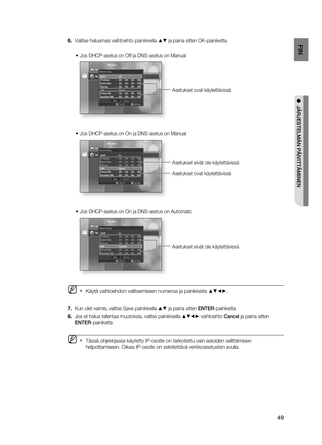 Samsung HT-BD2R/XEE manual Asetukset ovat käytettävissä, Jos DHCP-asetus on On ja DNS-asetus on Manual, Päivittäminen 