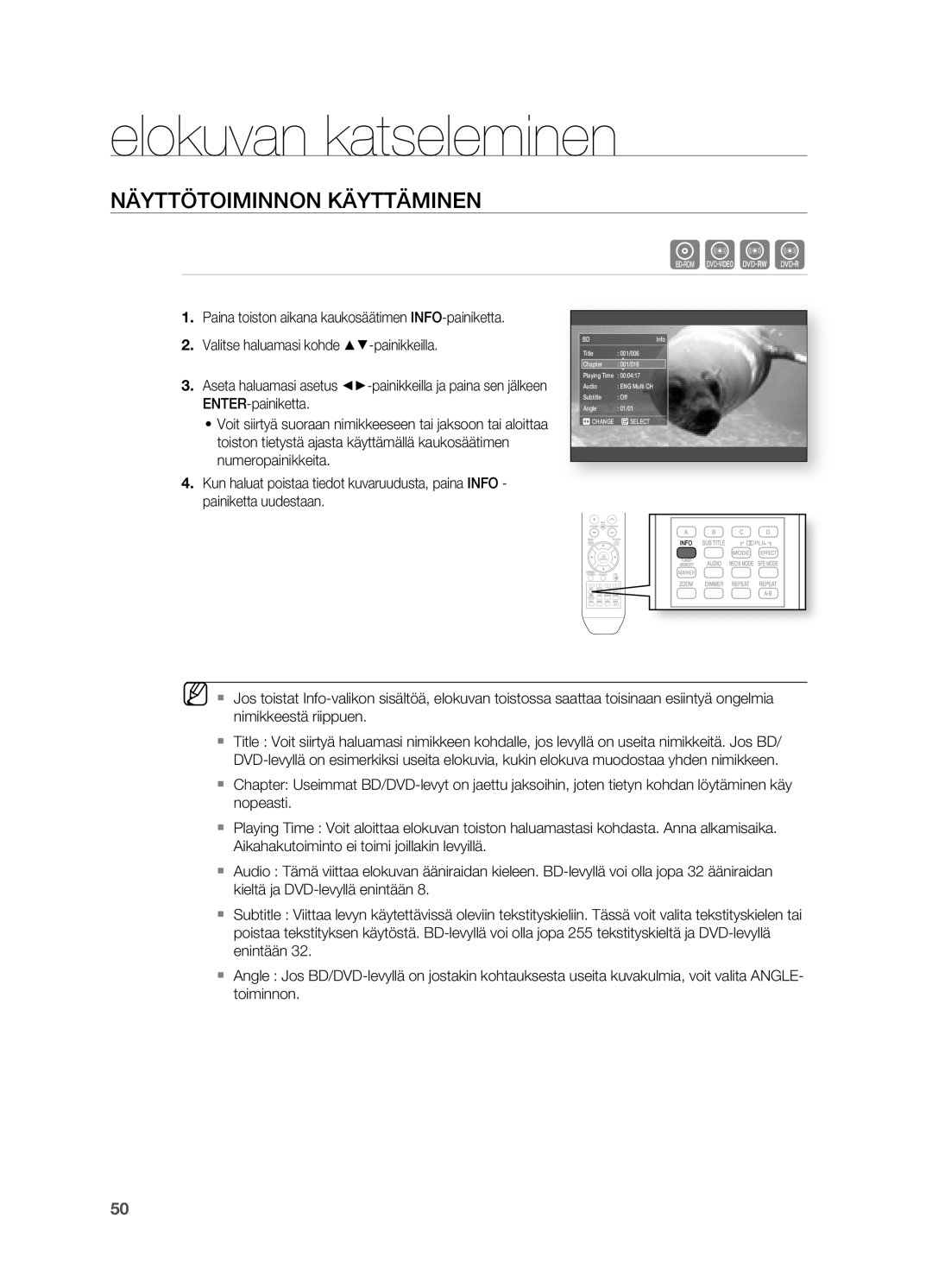 Samsung HT-BD2R/XEE manual Elokuvan katseleminen, Näyttötoiminnon Käyttäminen 