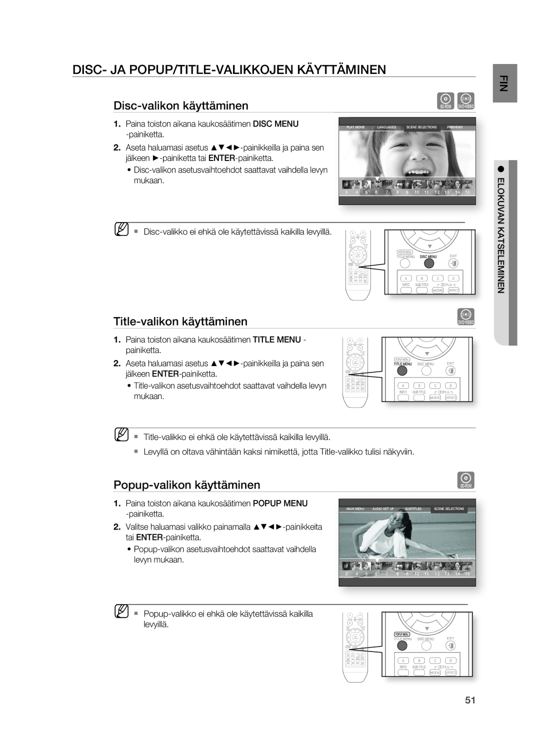 Samsung HT-BD2R/XEE manual DISC- JA POPUP/TITLE-VALIKKOJEN Käyttäminen, Disc-valikon käyttäminen, Title-valikon käyttäminen 