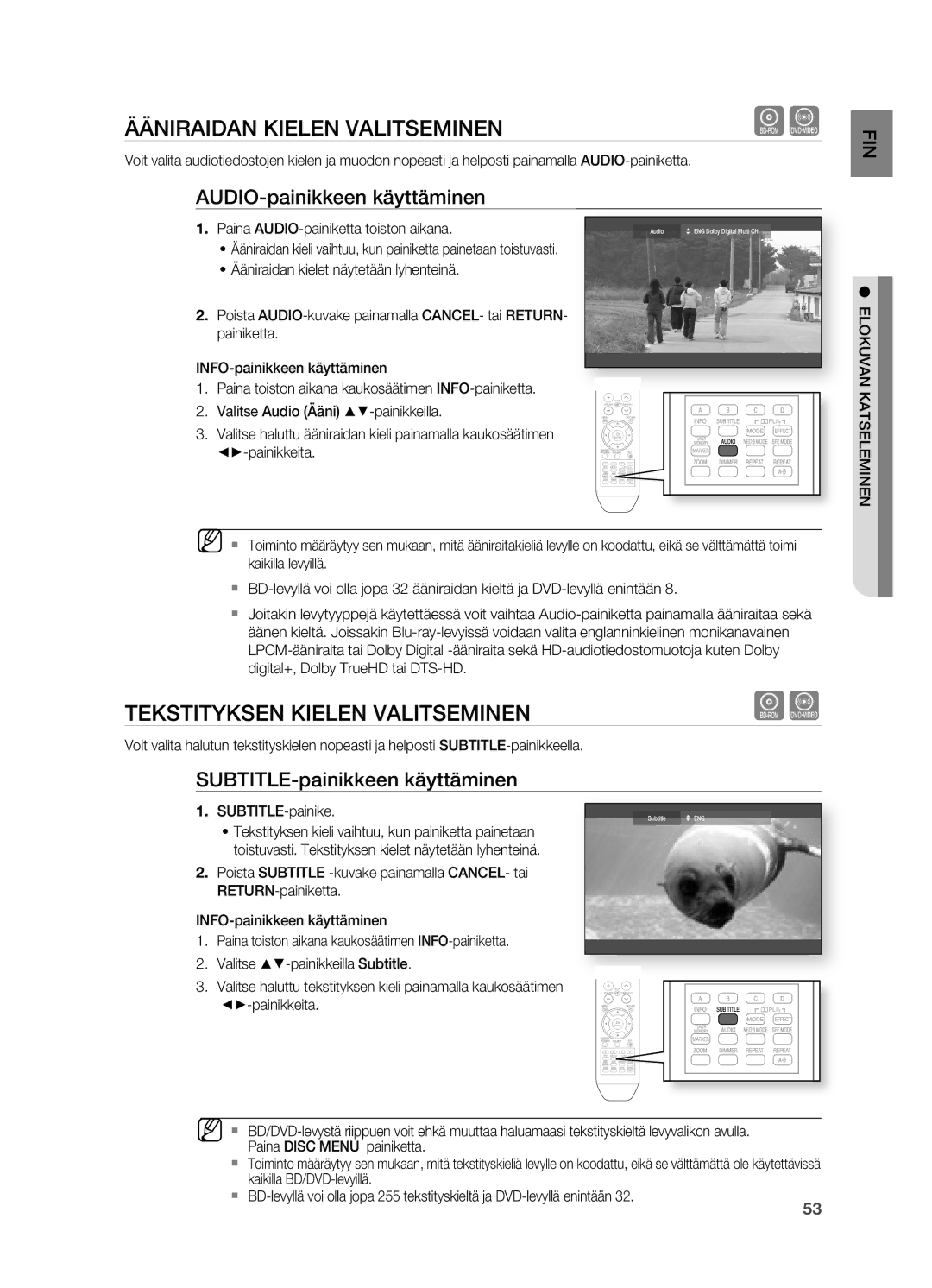 Samsung HT-BD2R/XEE manual Ääniraidan Kielen Valitseminen, Tekstityksen Kielen Valitseminen, AUDIO-painikkeen käyttäminen 