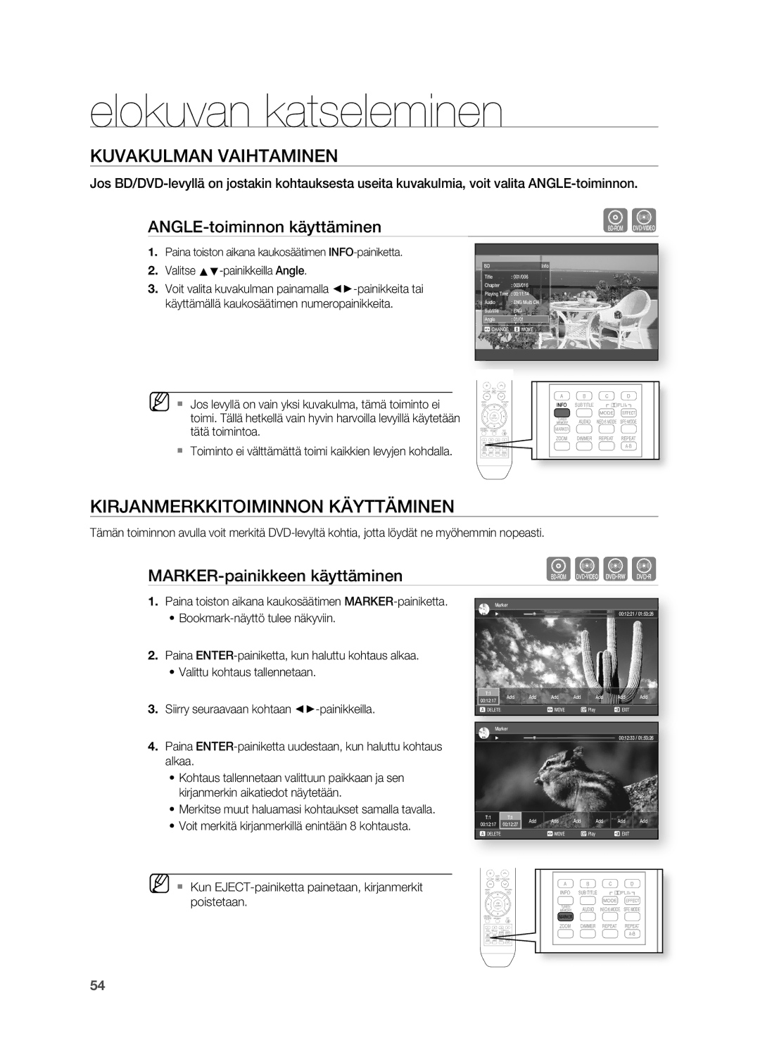 Samsung HT-BD2R/XEE manual Kuvakulman Vaihtaminen, Kirjanmerkkitoiminnon Käyttäminen, ANGLE-toiminnon käyttäminen 