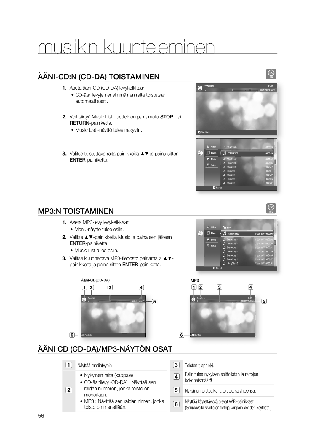 Samsung HT-BD2R/XEE Musiikin kuunteleminen, ÄÄNI-CDN CD-DA Toistaminen, MP3N Toistaminen, Ääni CD CD-DA/MP3-NÄYTÖN Osat 