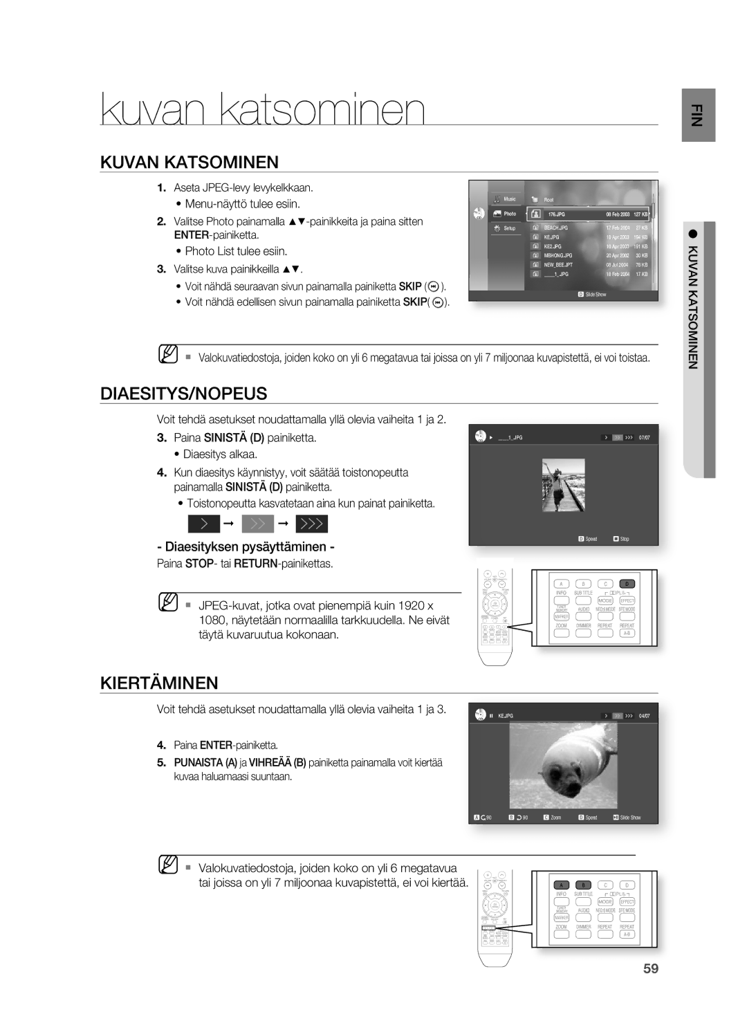 Samsung HT-BD2R/XEE manual Kuvan katsominen, Kuvan Katsominen, Diaesitys/Nopeus, Kiertäminen, Diaesityksen pysäyttäminen 