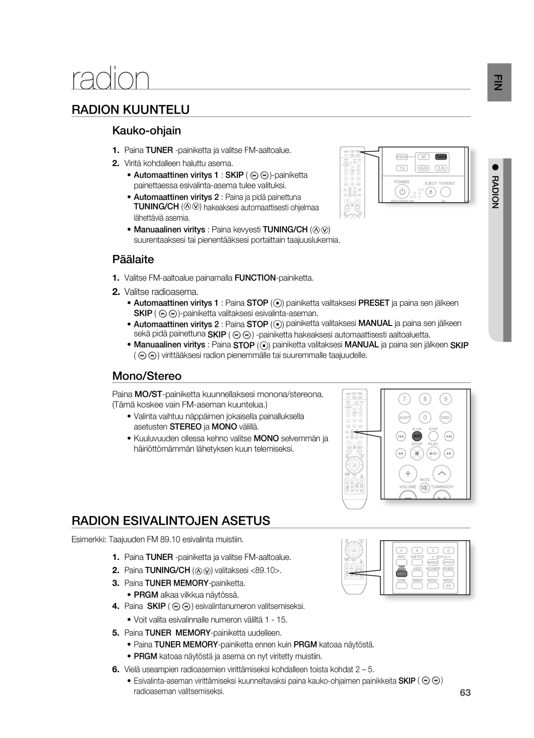 Samsung HT-BD2R/XEE manual Radion Kuuntelu, Radion Esivalintojen Asetus 