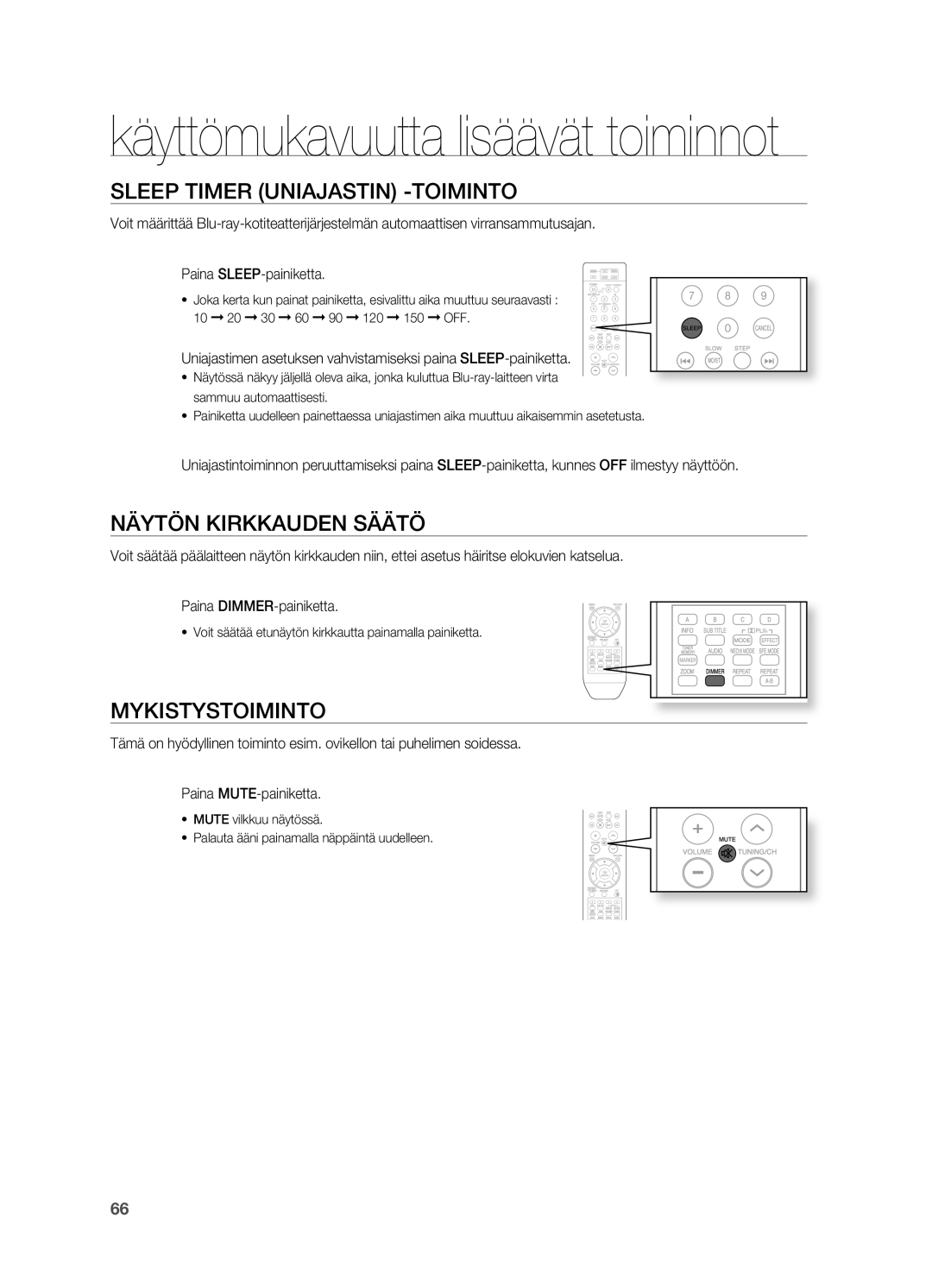 Samsung HT-BD2R/XEE manual Sleep Timer Uniajastin -TOIMINTO, Näytön Kirkkauden Säätö, Mykistystoiminto 