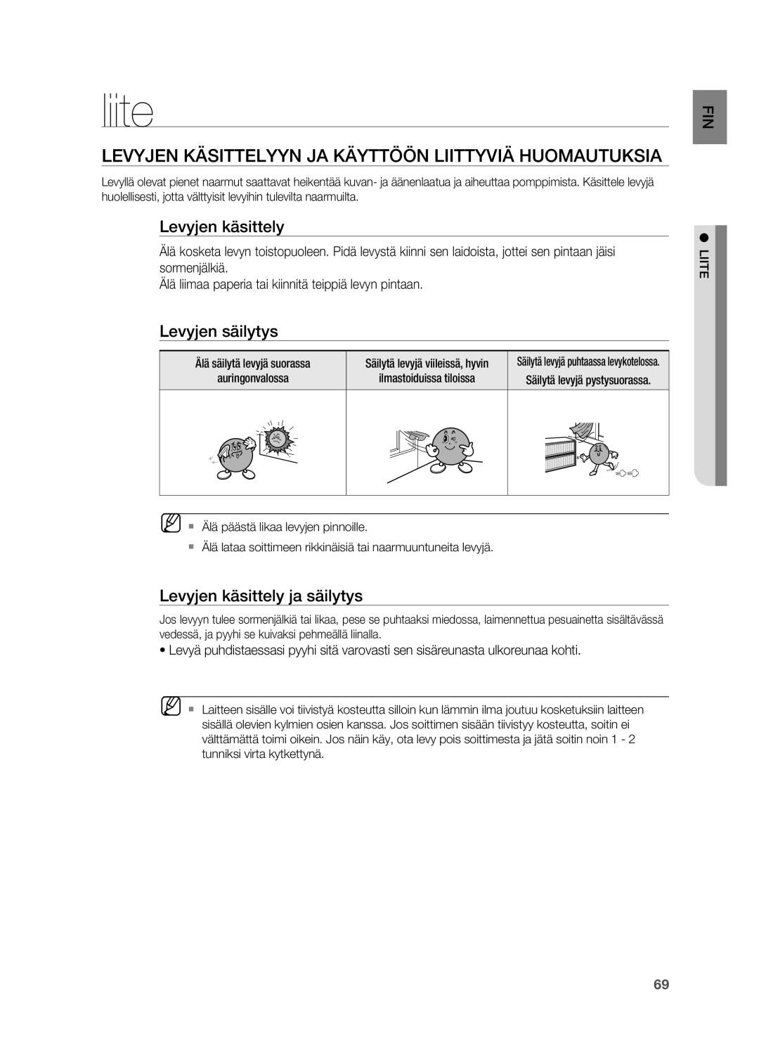 Samsung HT-BD2R/XEE manual Liite, Levyjen käsittelyyn ja käyttöön liittyviä huomautuksia, Levyjen säilytys 