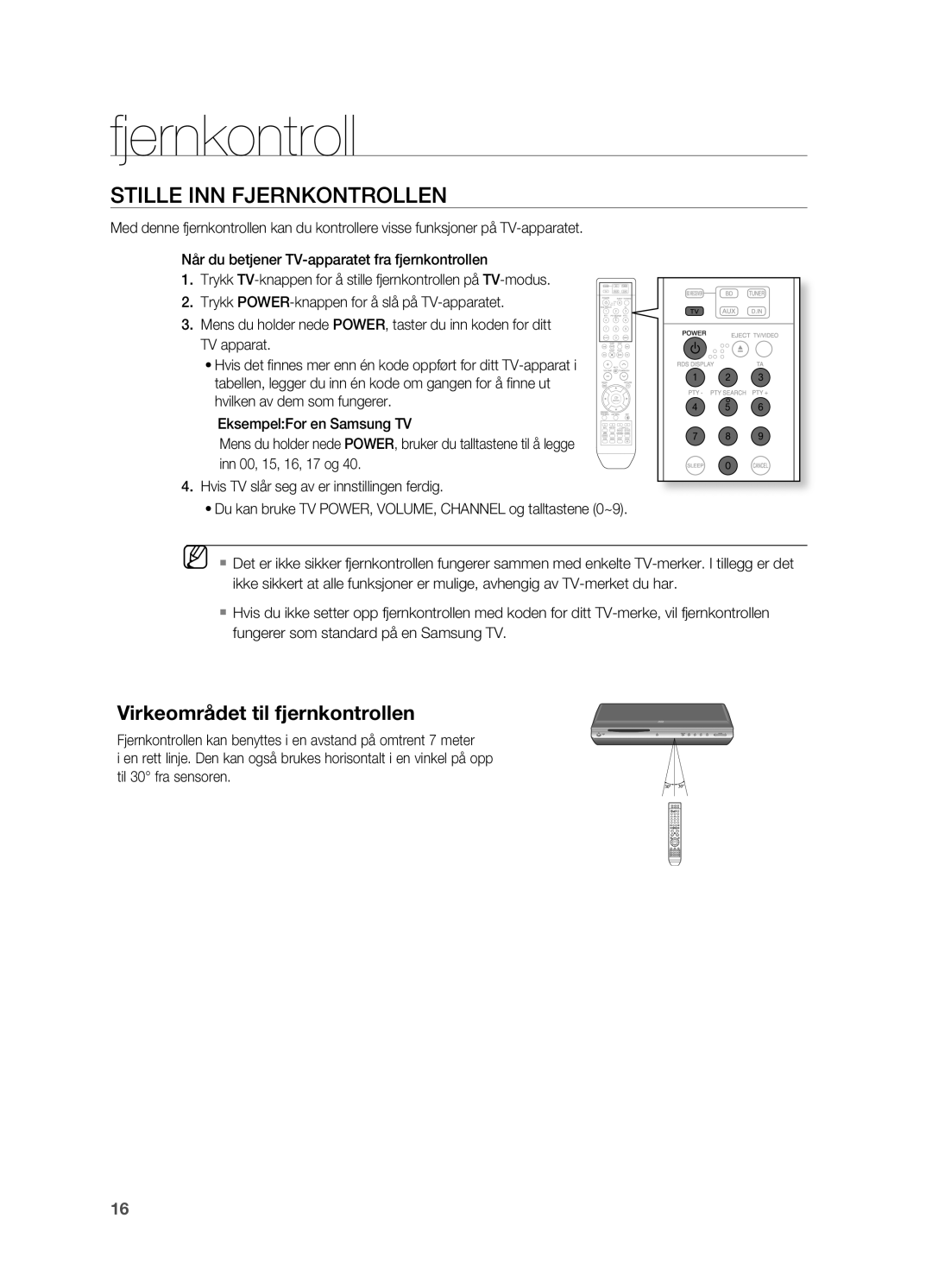 Samsung HT-BD2R/XEE manual Stille INN Fjernkontrollen, Virkeområdet til fjernkontrollen 