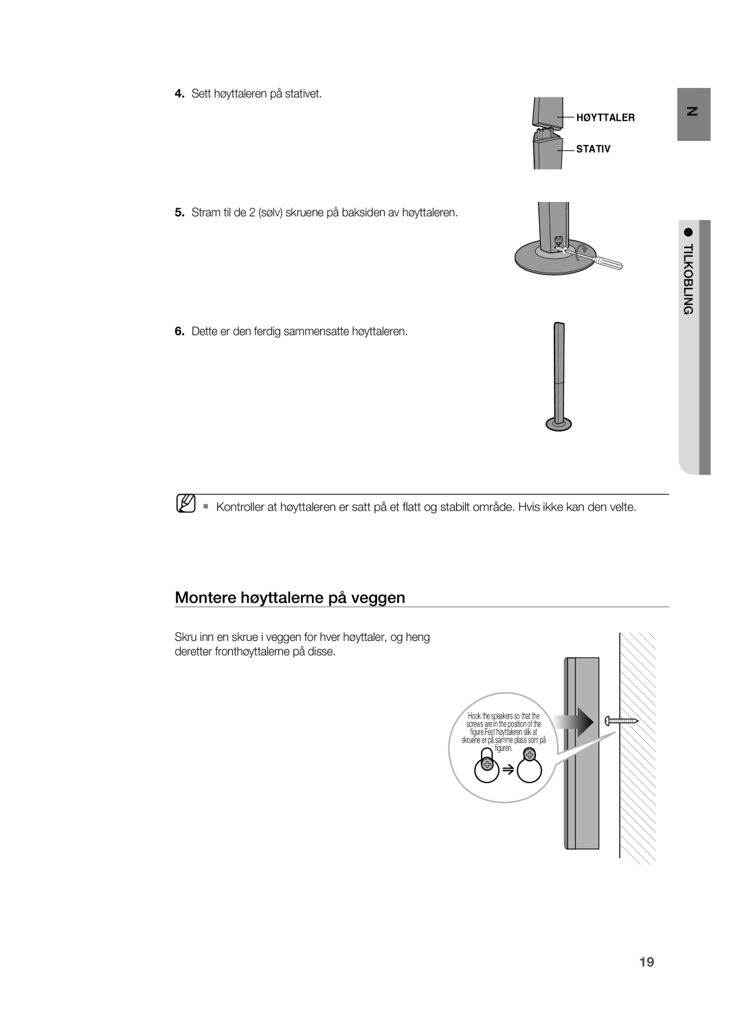 Samsung HT-BD2R/XEE manual Montere høyttalerne på veggen, . Sett høyttaleren på stativet, Tilkobling 