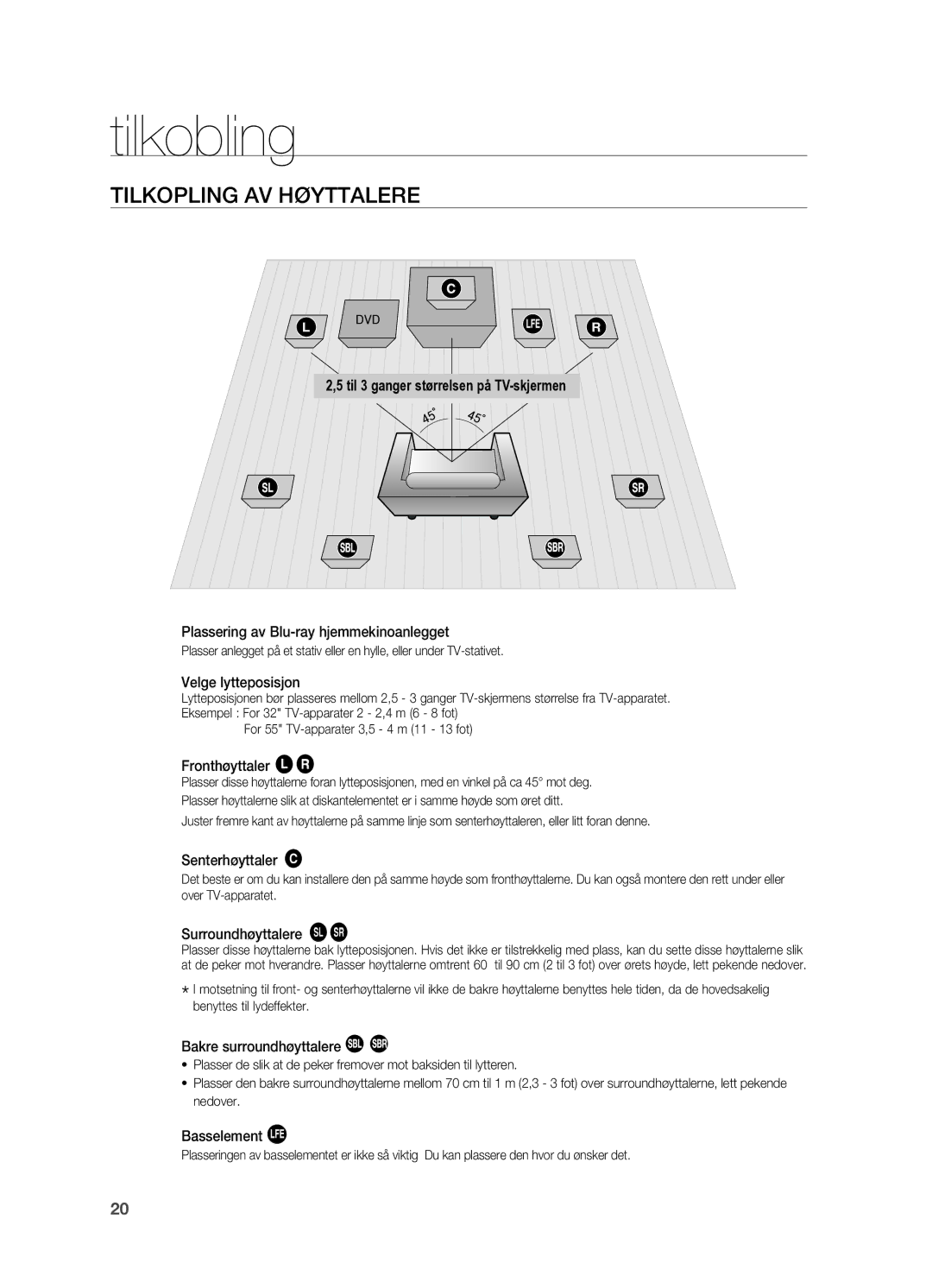 Samsung HT-BD2R/XEE manual Tilkopling av høyttalere 