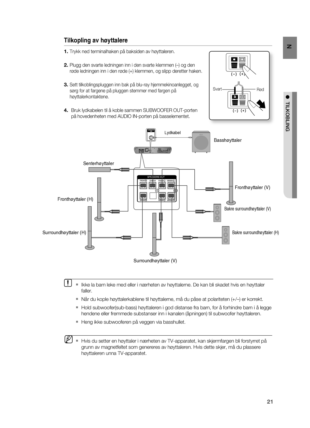 Samsung HT-BD2R/XEE manual Trykk ned terminalhaken på baksiden av høyttaleren, Senterhøyttaler, Basshøyttaler 