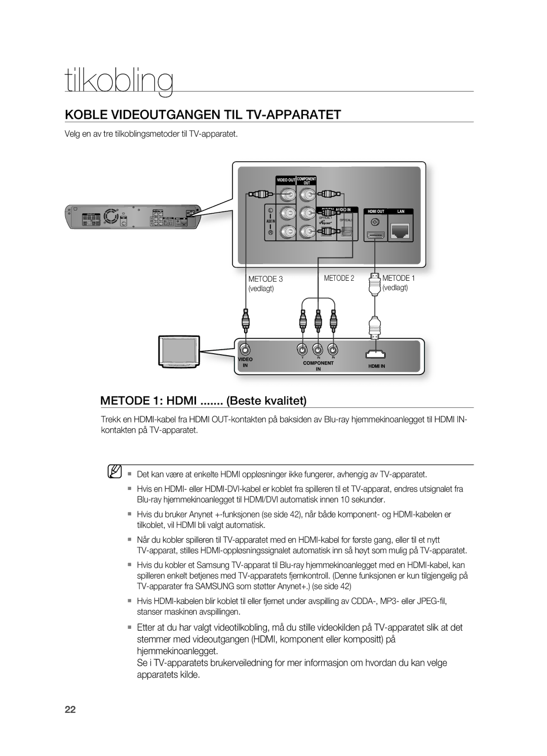 Samsung HT-BD2R/XEE manual Koble Videoutgangen TIL TV-APPARATET, Beste kvalitet 