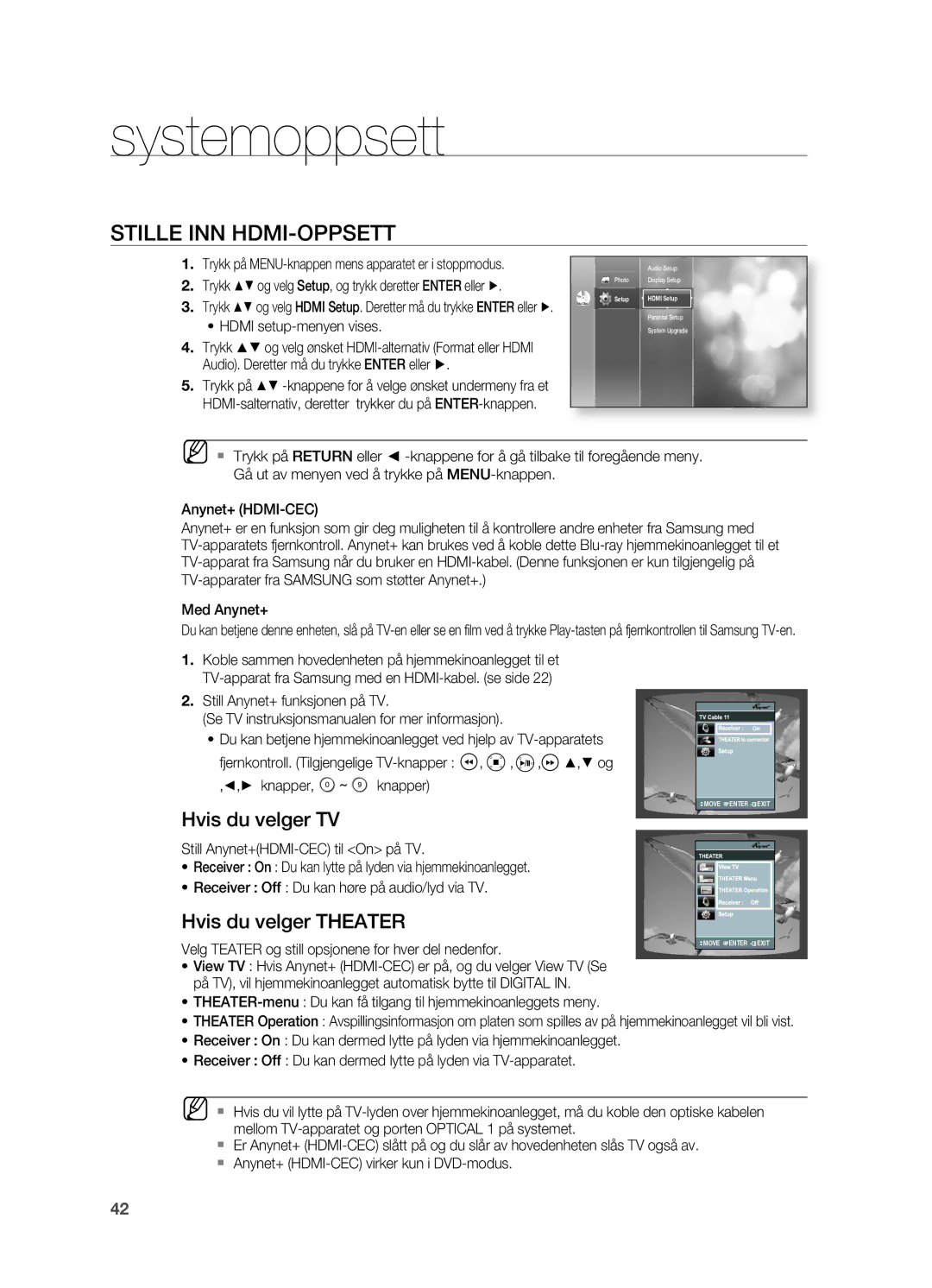 Samsung HT-BD2R/XEE manual Stille INN HDMI-OPPSETT, Hvis du velger TV, Hvis du velger Theater 