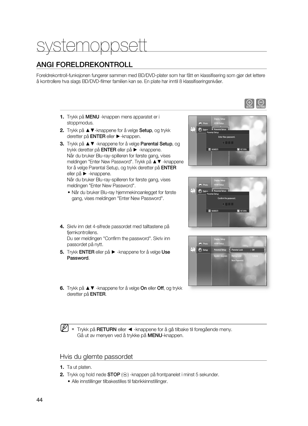 Samsung HT-BD2R/XEE manual ANgI Foreldrekontroll, Hvis du glemte passordet, Parental Setup Parental Lock Off 