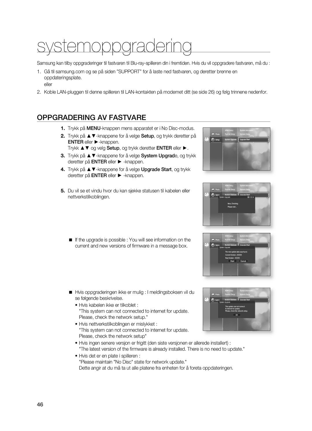 Samsung HT-BD2R/XEE manual Systemoppgradering, OPPgRADERINg AV Fastvare, Eller, Upgrade Start 