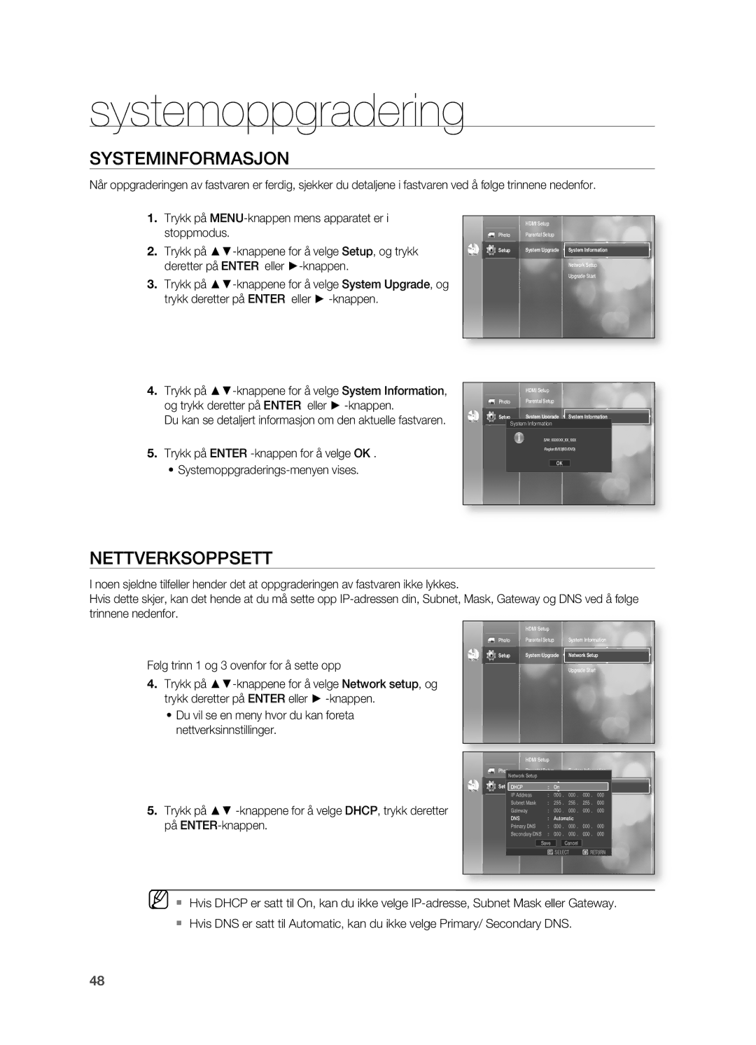 Samsung HT-BD2R/XEE manual Systeminformasjon, Nettverksoppsett, Følg trinn 1 og 3 ovenfor for å sette opp 